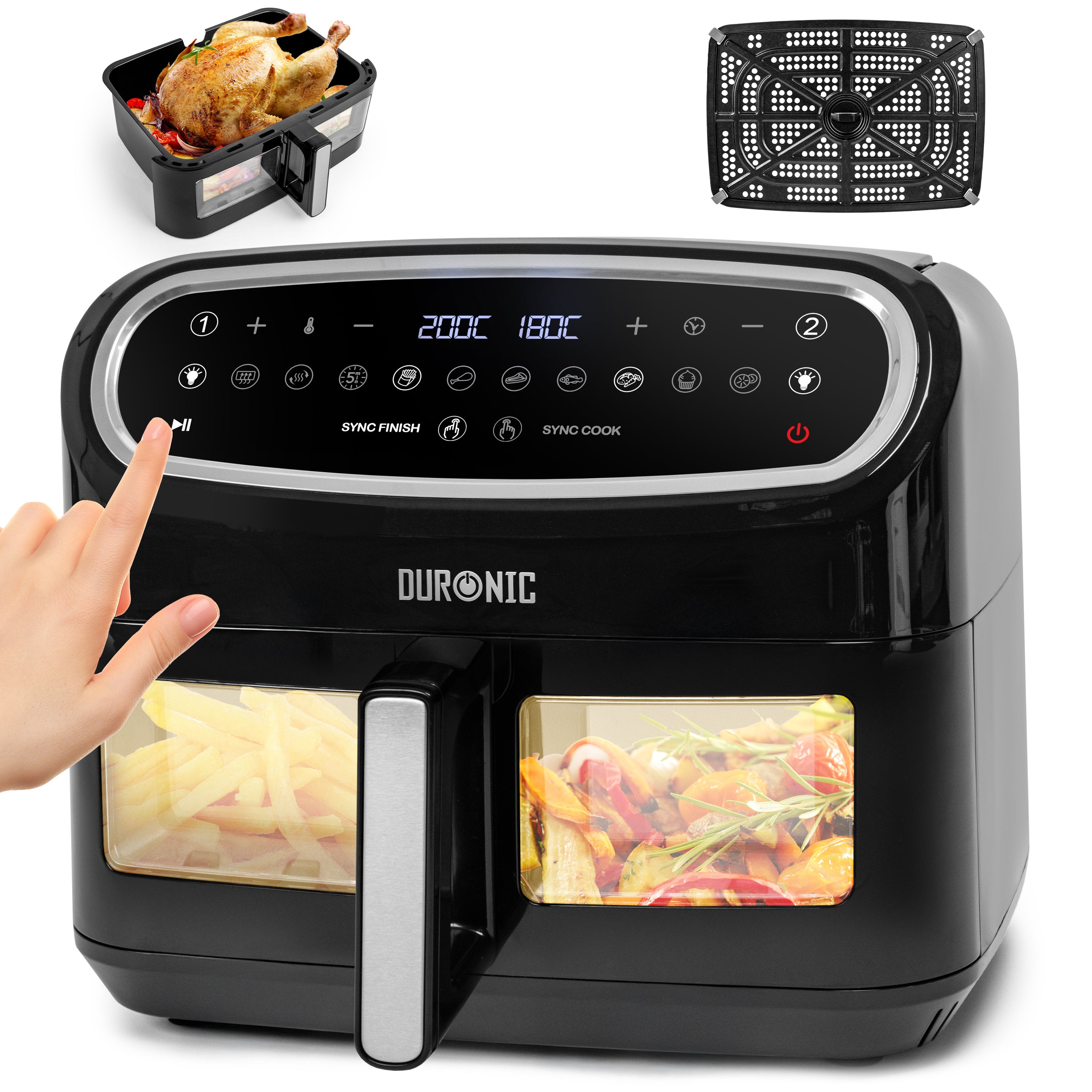 Duronic AF14 BK Airfryer XXL z dużą komora 10l frytkownica beztłuszczowa na gorące powietrze wielofunkcyjna podwójna