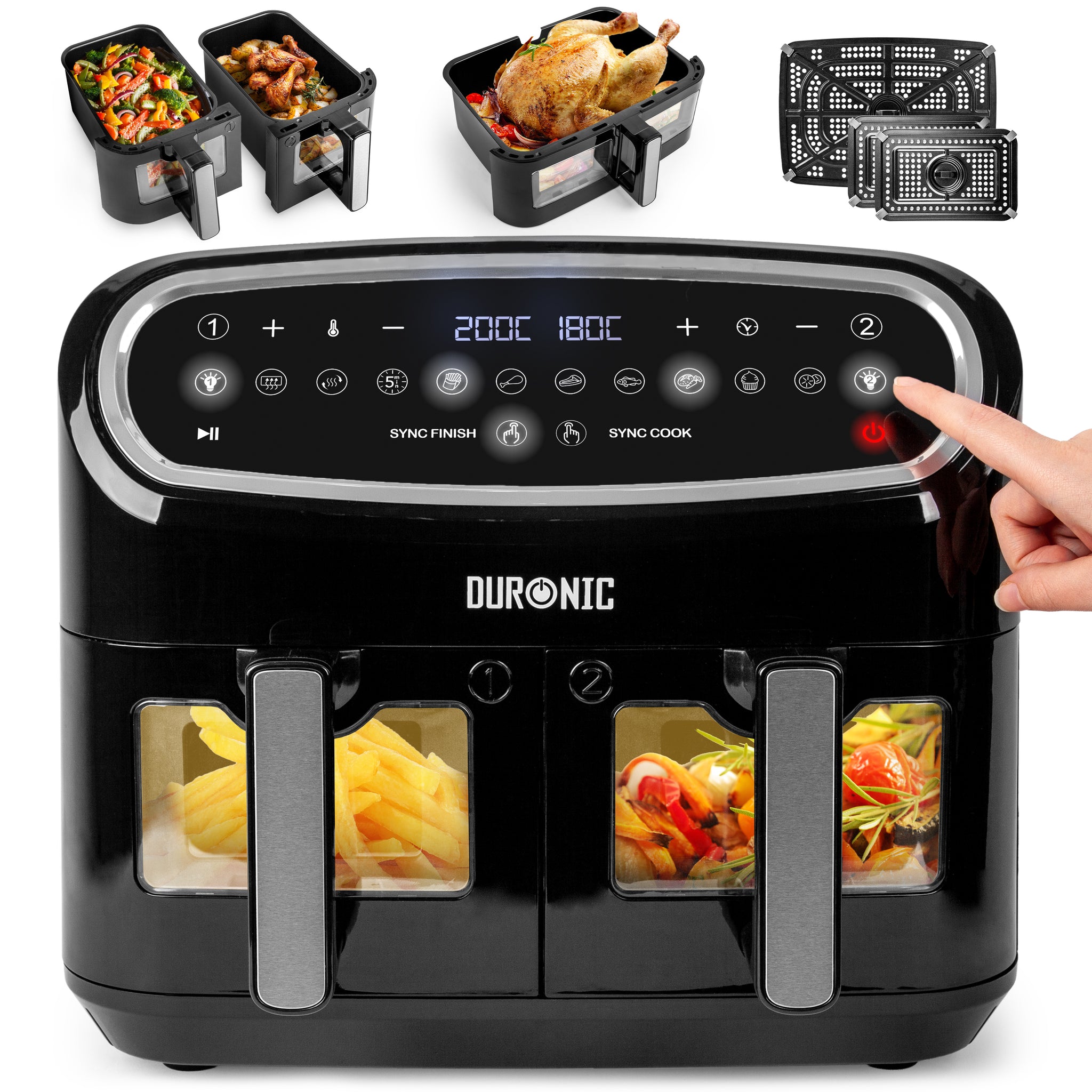 Duronic AF34 BK Airfryer XXL zestaw z AFD1 10l i dwie komory po 4,5l | frytkownica beztłuszczowa podwójna | na gorące powietrze piekarnik | temperatura 50-200 stopni