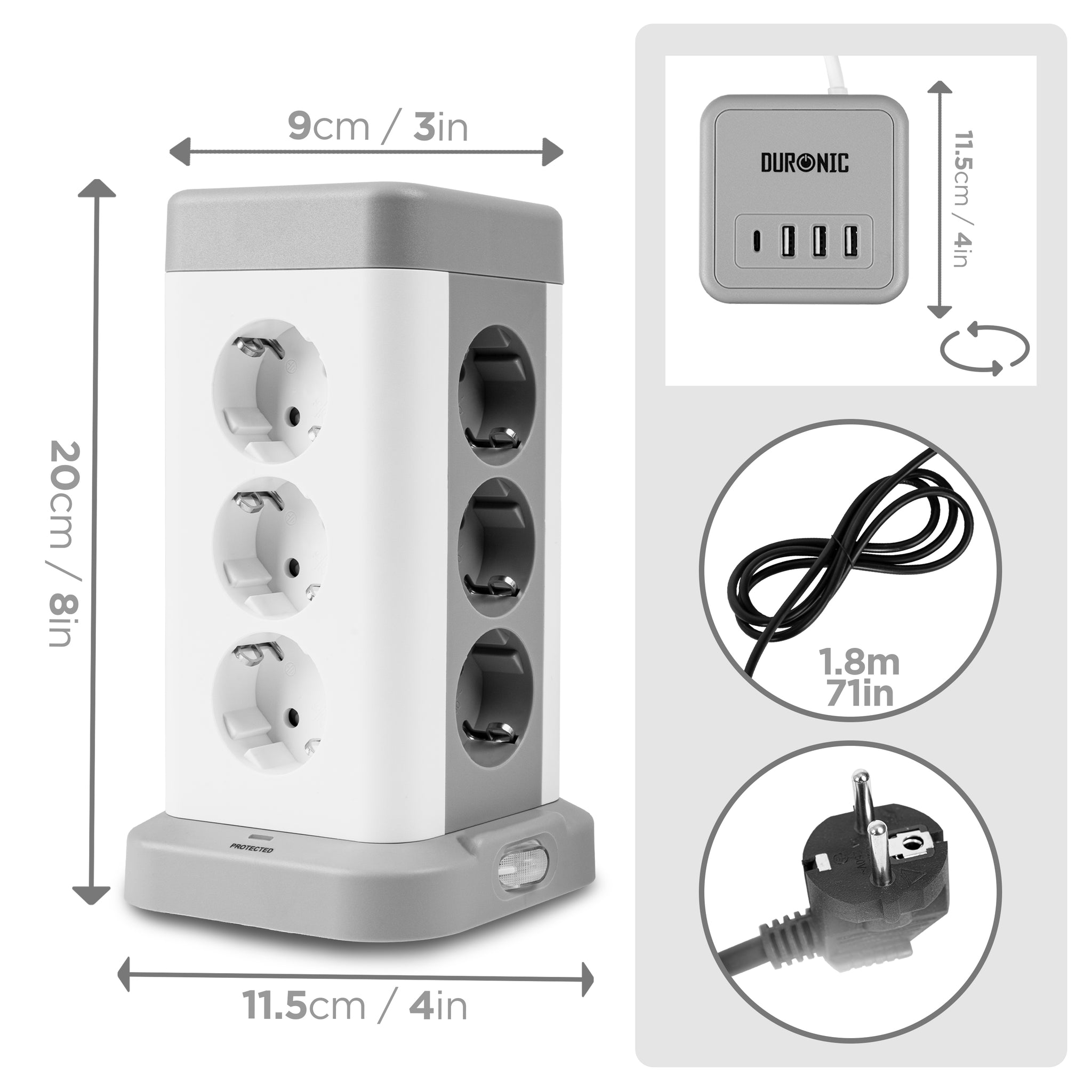 Duronic ET12C Listwa zasilająca biała pionowa 13A 3680W wielogniazdowa 12 wejść gniazd 3x USB 1x USB C 1,8m długości przedłużacz pionowy lampka nocna podświetlenie włącznik z lampką kontrolną