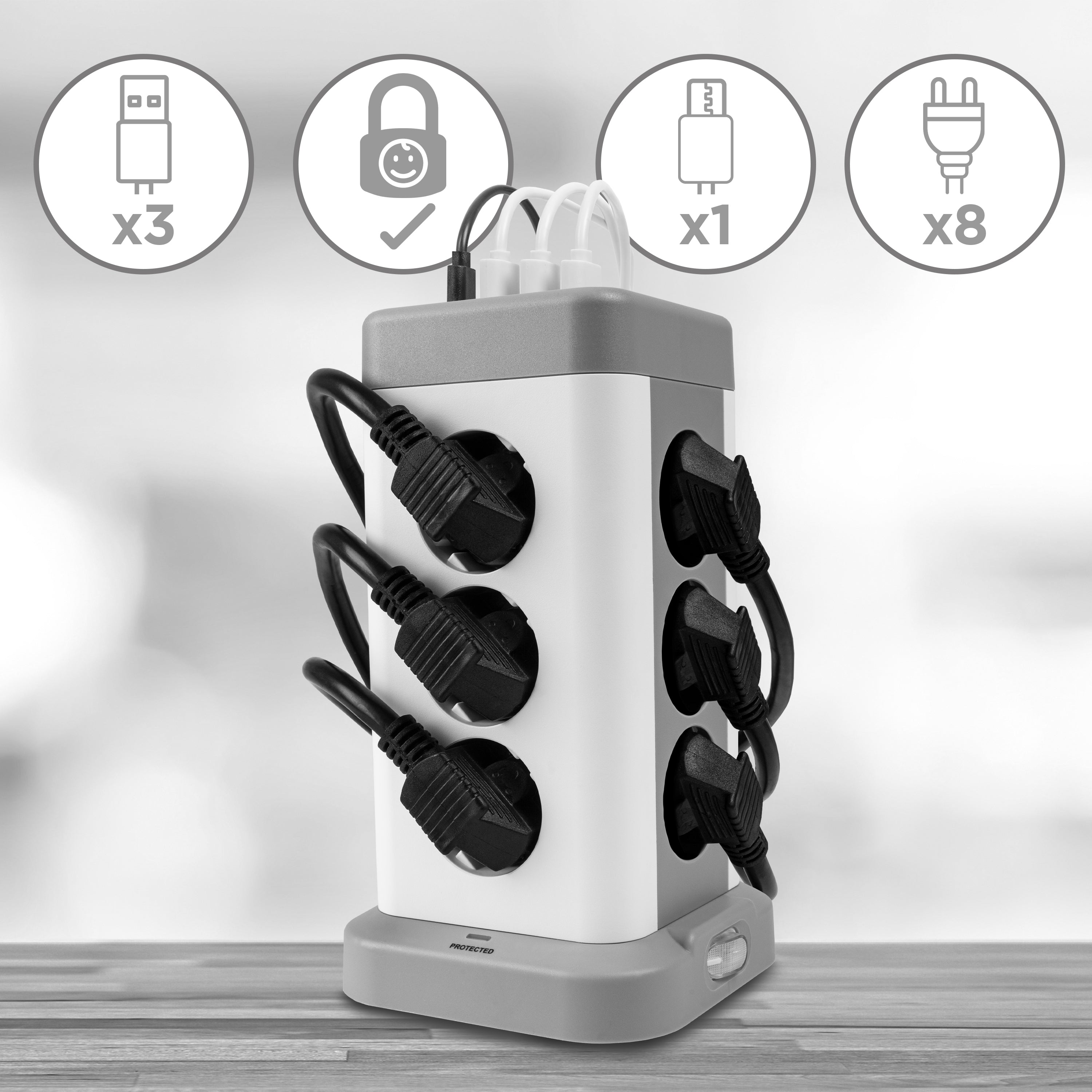 Duronic ET12C Listwa zasilająca biała pionowa 13A 3680W wielogniazdowa 12 wejść gniazd 3x USB 1x USB C 1,8m długości przedłużacz pionowy lampka nocna podświetlenie włącznik z lampką kontrolną