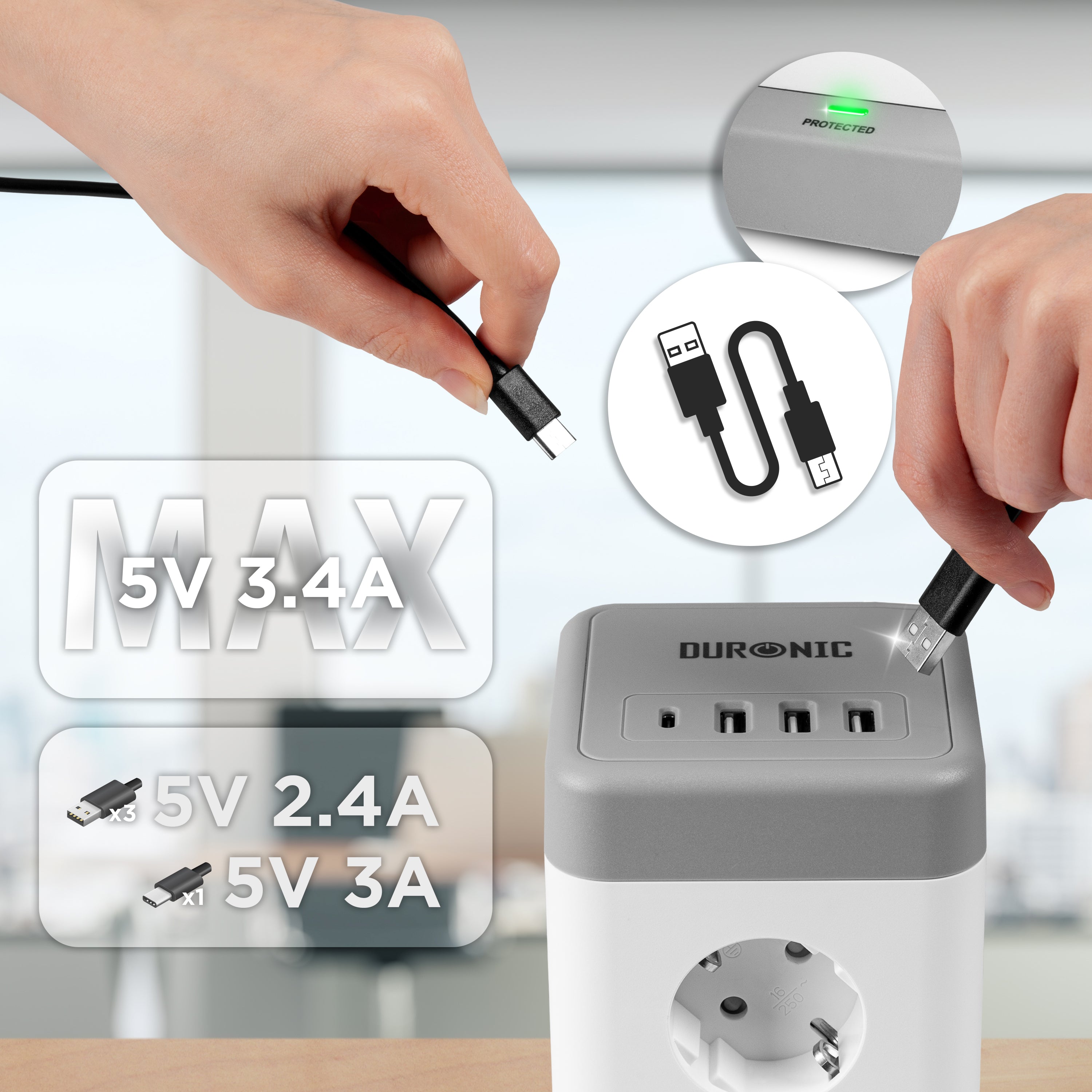 Duronic ET12C Listwa zasilająca biała pionowa 13A 3680W wielogniazdowa 12 wejść gniazd 3x USB 1x USB C 1,8m długości przedłużacz pionowy lampka nocna podświetlenie włącznik z lampką kontrolną