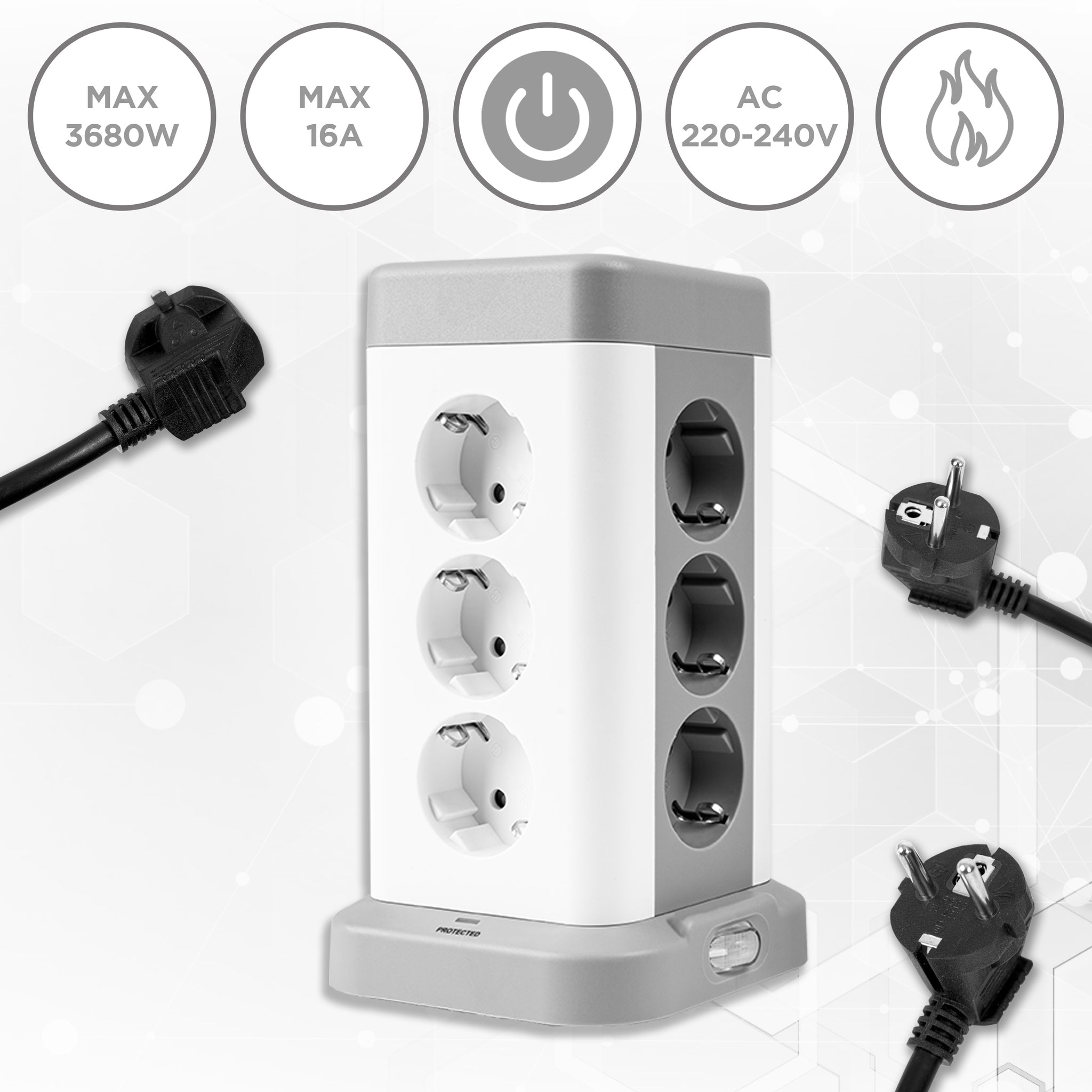 Duronic ET12C Listwa zasilająca biała pionowa 13A 3680W wielogniazdowa 12 wejść gniazd 3x USB 1x USB C 1,8m długości przedłużacz pionowy lampka nocna podświetlenie włącznik z lampką kontrolną