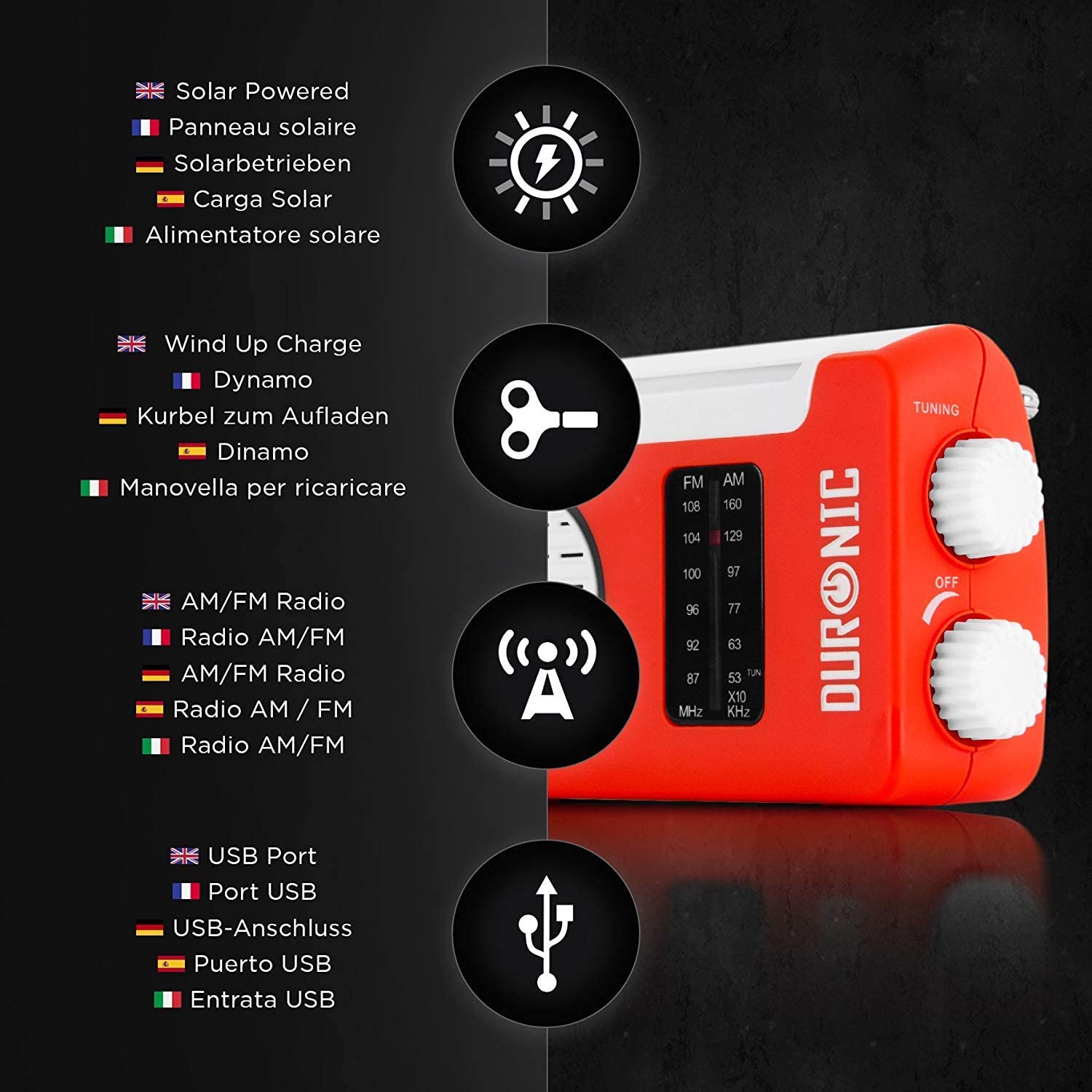 Duronic Hybrid Radio turystyczne na dynamo solarne | korba ręczna | camping | biwak | USB | radio solarne | bateria solarna