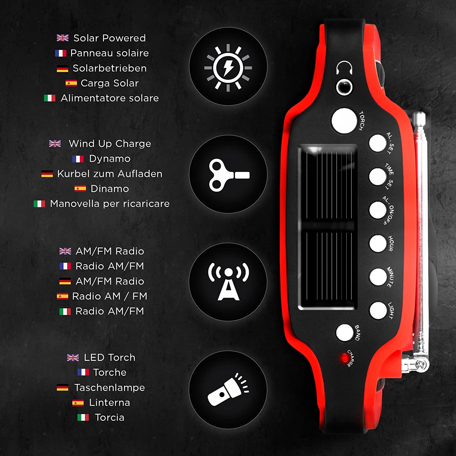 Duronic APEX Radio turystyczne dynamo solarne USB | z lampką LED | korba ręczna | camping | biwak | latarka dynamo | USB | radio solarne | zegar | wyświetlacz