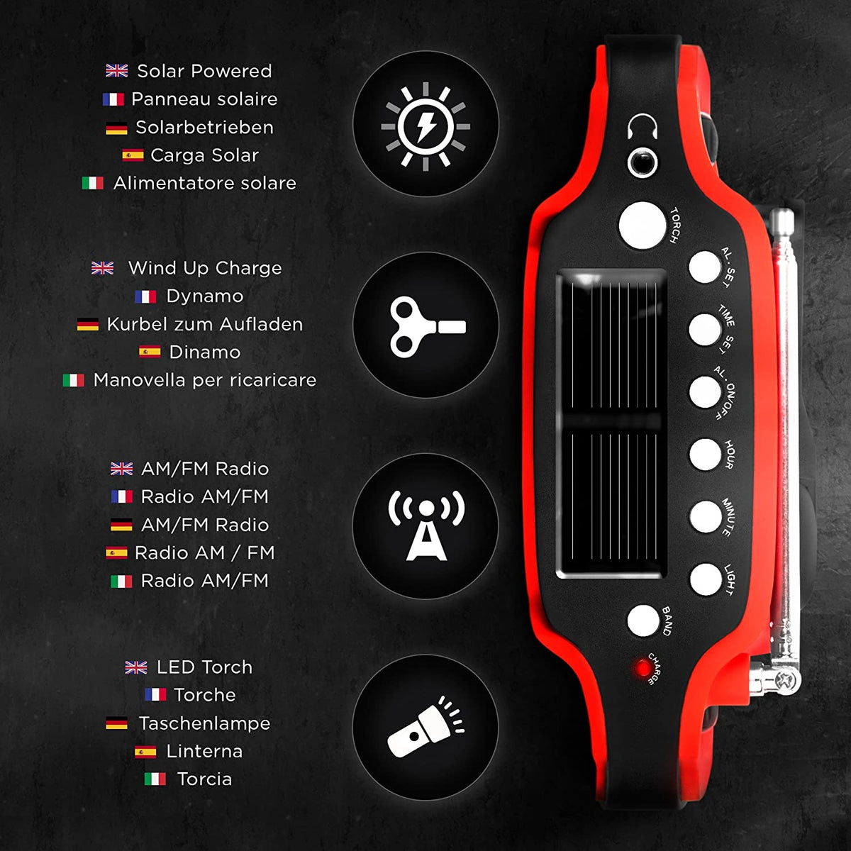 Duronic APEX Radio turystyczne dynamo solarne USB | z lampką LED | korba ręczna | camping | biwak | latarka dynamo | USB | radio solarne | zegar | wyświetlacz