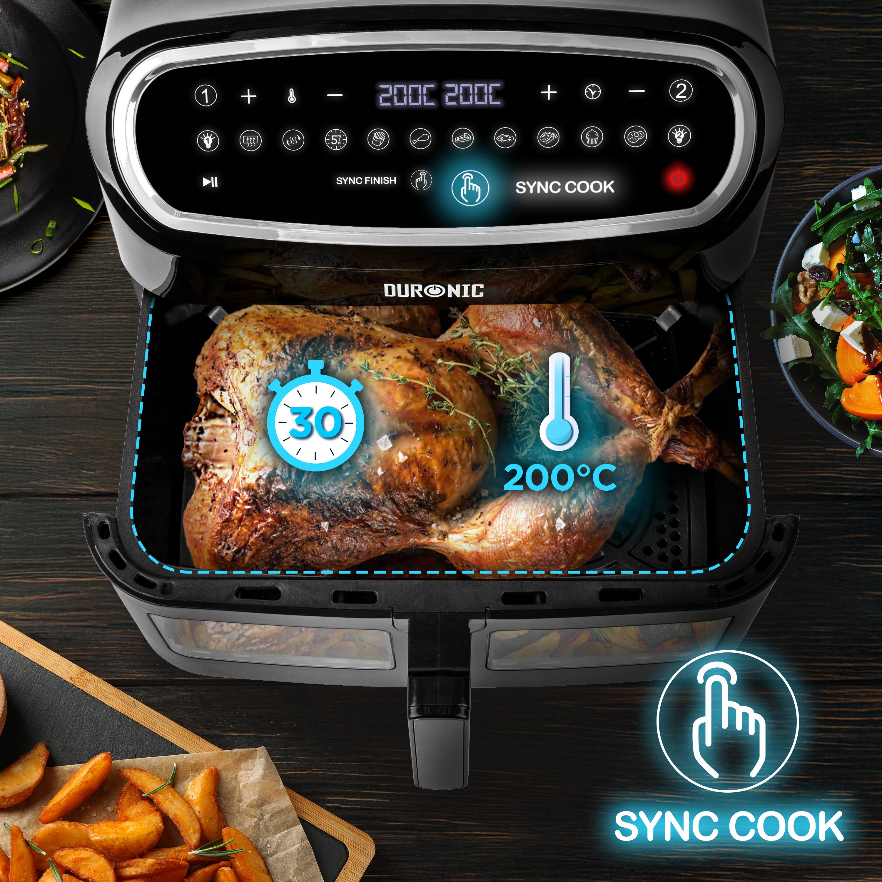 Duronic AF34 airfryer frytkownica sync cook synchronizacja gotowania w obu komorach taki sam czas i temperatura do 200 st