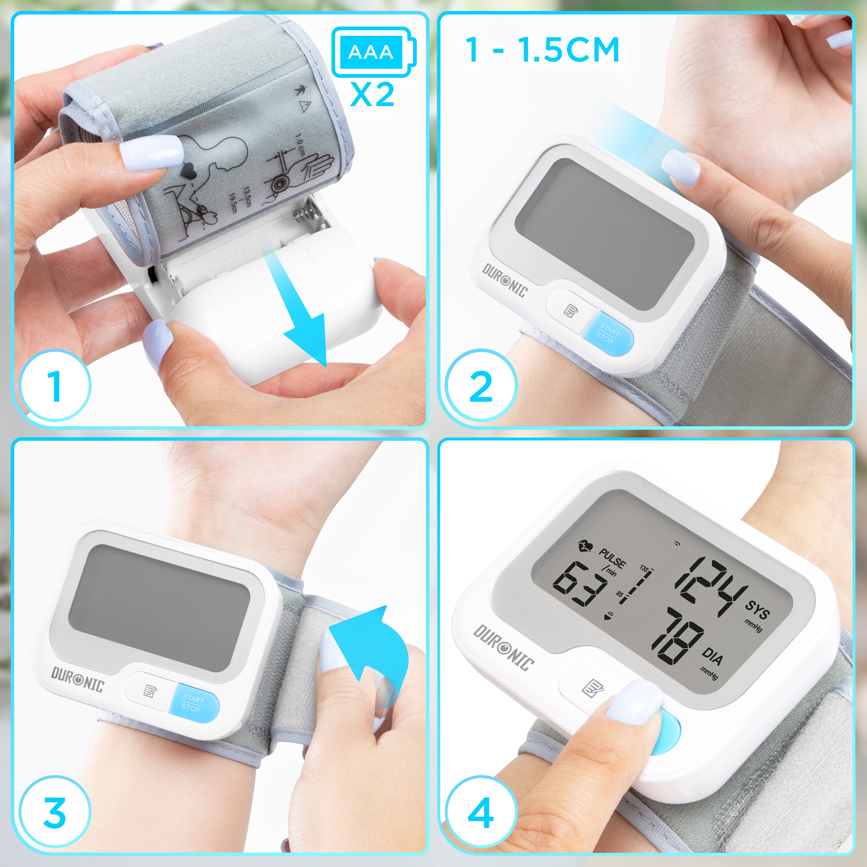 Duronic BPM65 WE Ciśnieniomierz nadgarstkowy automatyczny, instrukcja obsługi: 1. Włożyć baterie 2x AAA, 2. Odsunąć urządzenie 1-1.5 cm od nadgarstka, 3. zapiąć pasek, 4. Nacisnąć przycisk START