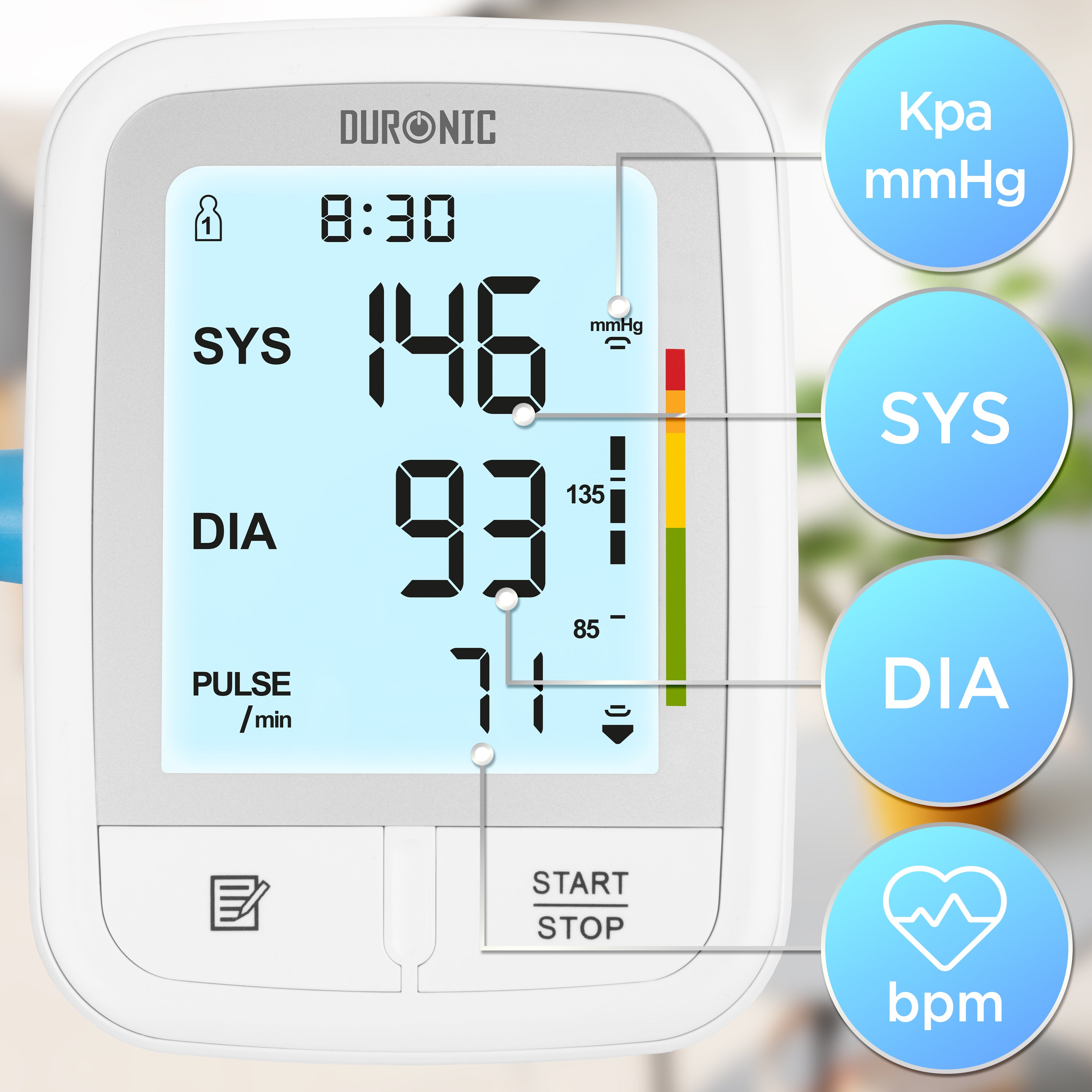 Duronic BPM95 Ciśnieniomierz naramienny elektroniczny wyświetlacz: odczyt ciśnienia skurczowego i rozkurczowego, puls, jednostka pomiary Kpa mmHg