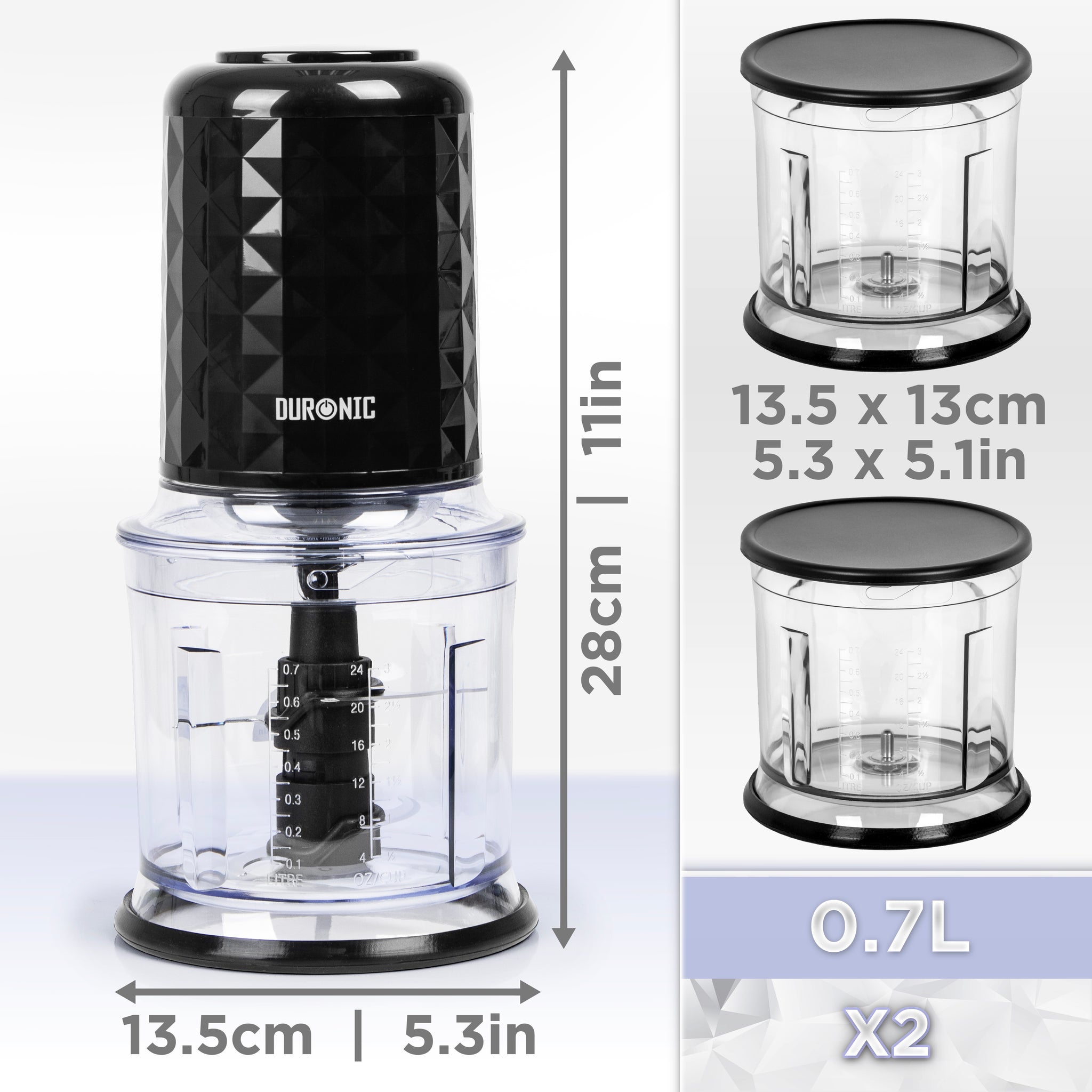 Duronic CH57 BK Elektryczny siekacz szatkownica mini rozdrabniacz 2x pojemnik 0.7l, wymiary urządzenia