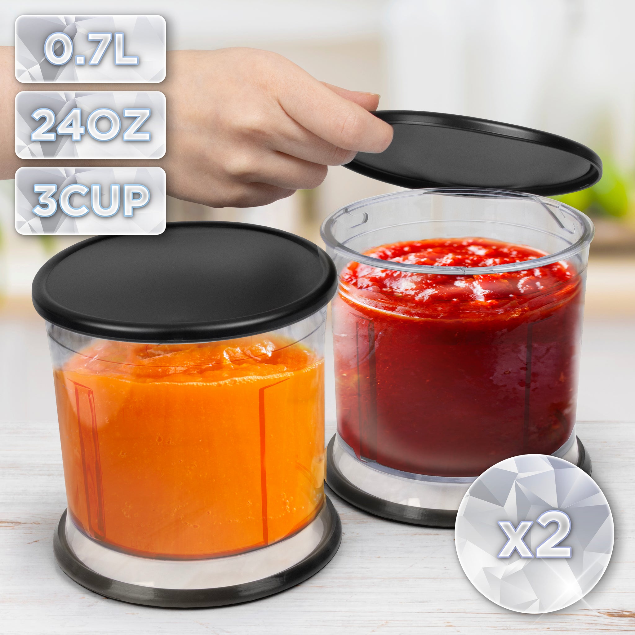 Duronic CH57 BK Elektryczny siekacz szatkownica mini rozdrabniacz dwa pojemniki po 700 ml co odpowiada ok. 3 szklanką, 2 pokrywki