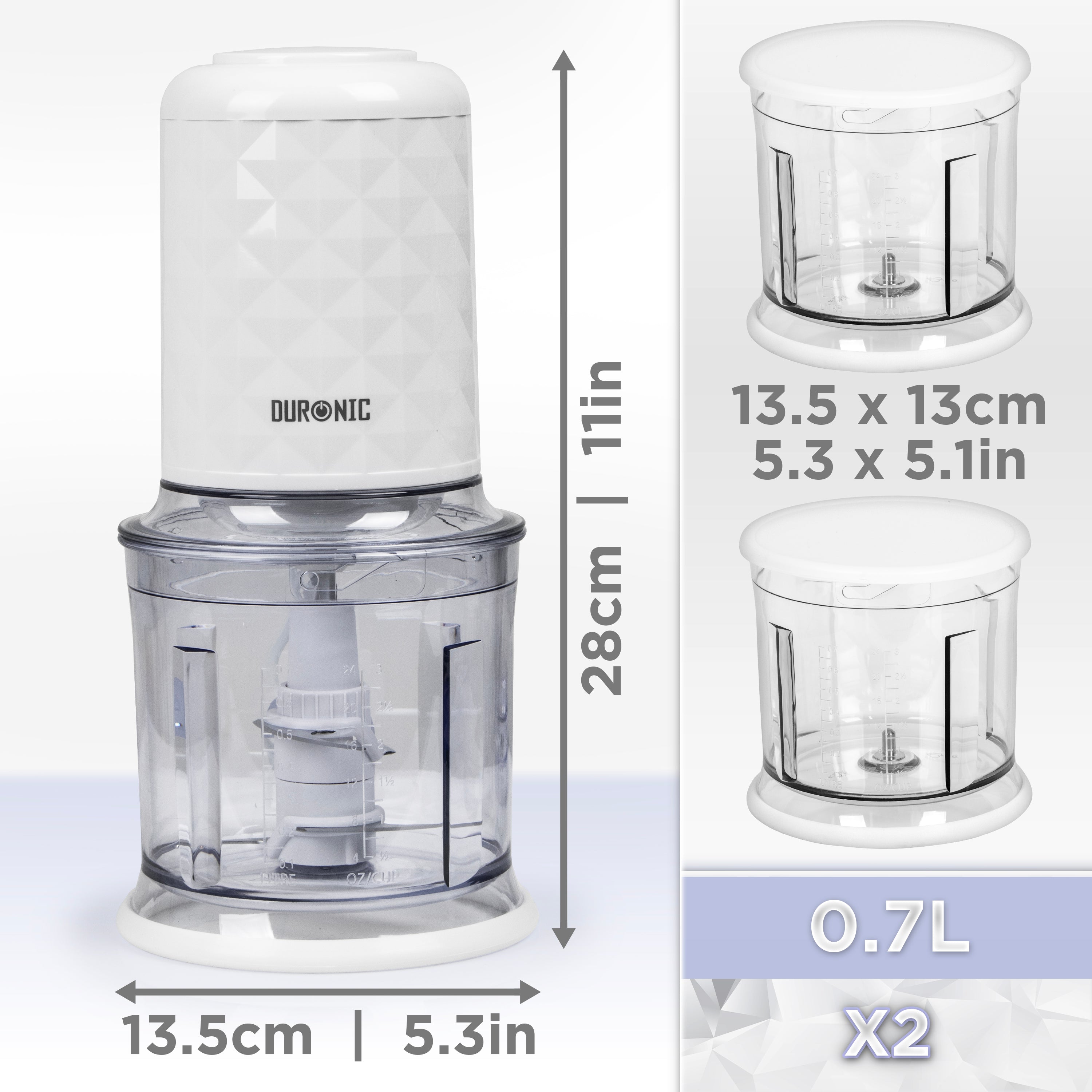 Duronic CH57 WE Elektryczny siekacz szatkownica mini rozdrabniacz 2x pojemnik 0.7l, wymiary urządzenia