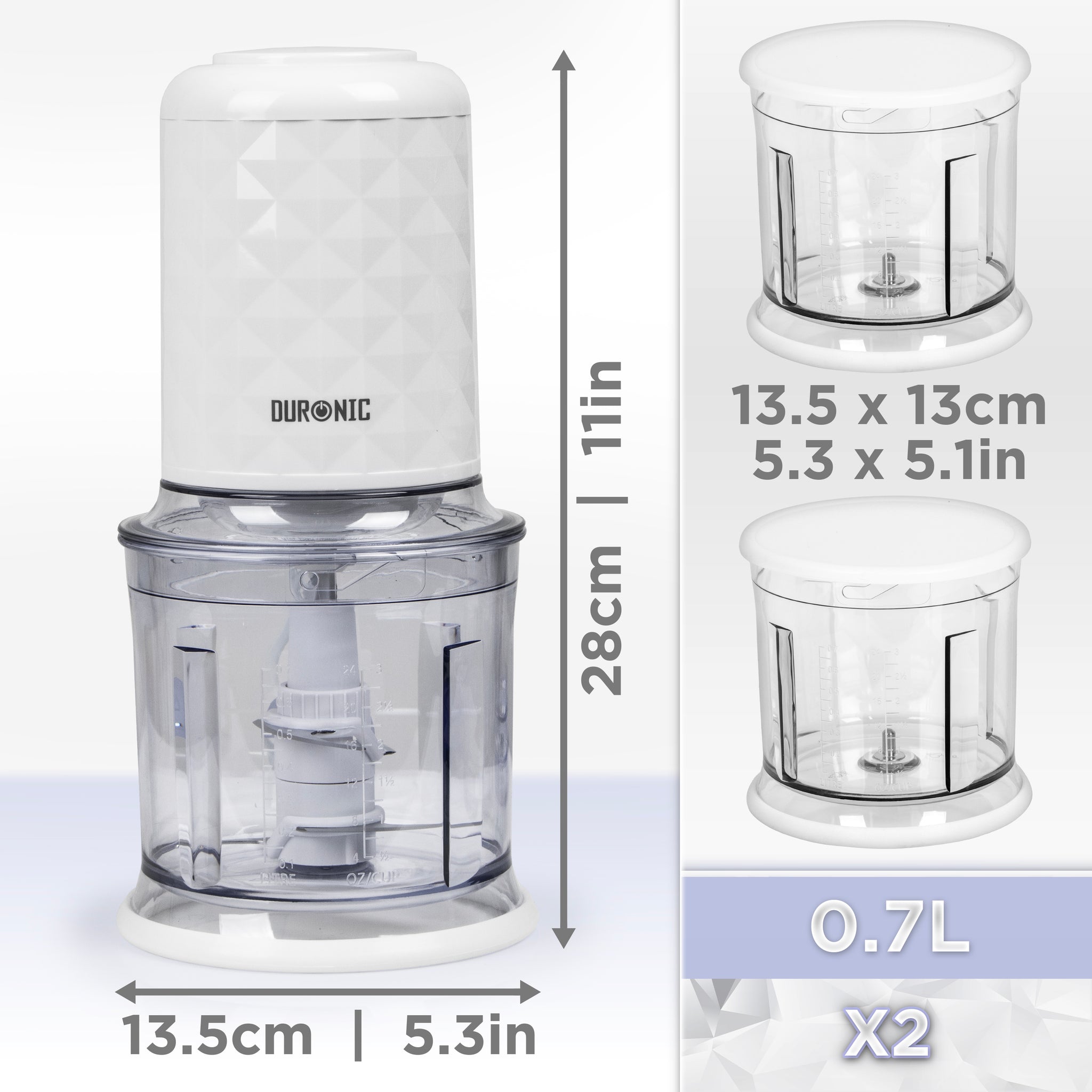 Duronic CH57 WE Elektryczny siekacz szatkownica mini rozdrabniacz 2x pojemnik 0.7l, wymiary urządzenia