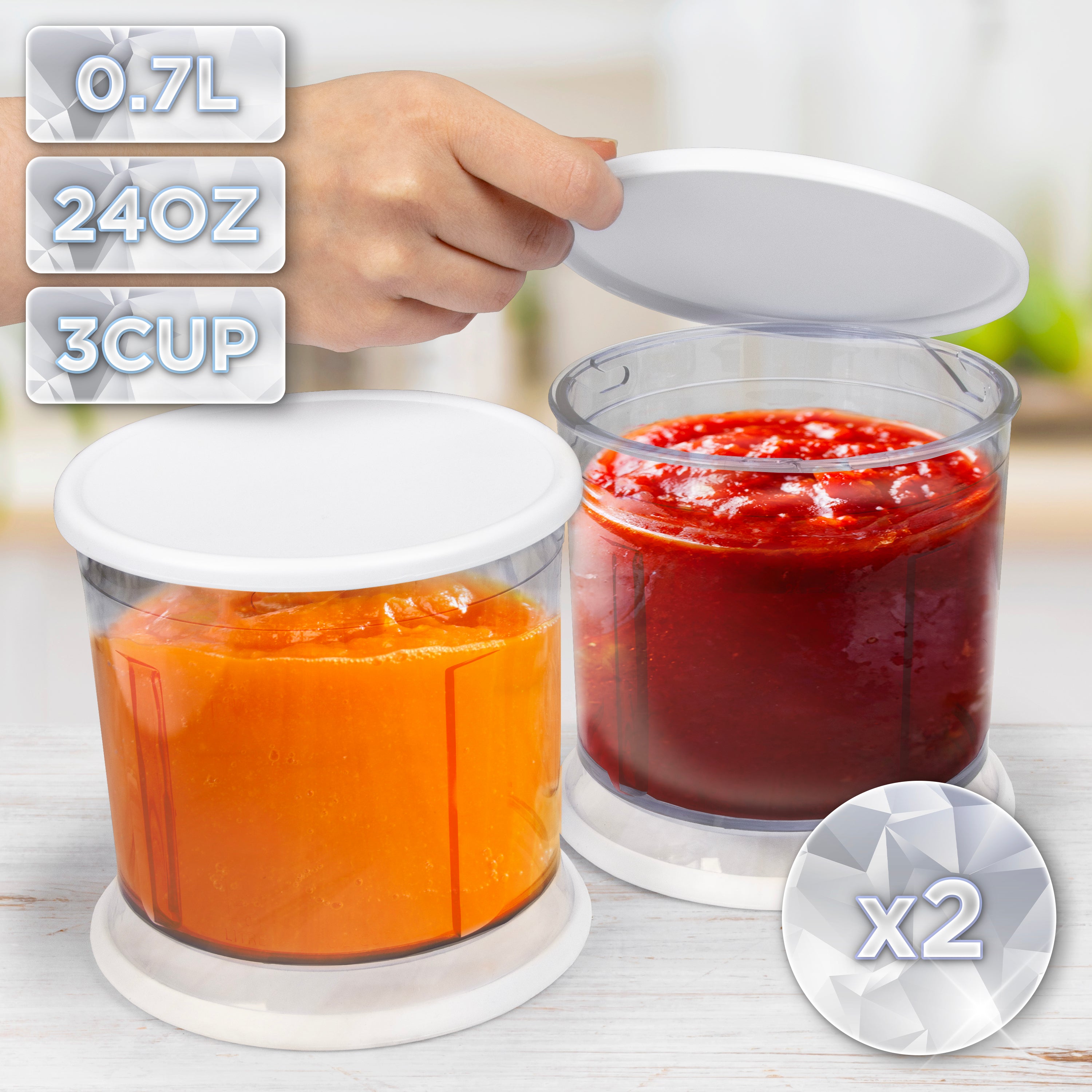 Duronic CH57 WE Elektryczny siekacz szatkownica mini rozdrabniacz dwa pojemniki po 700 ml co odpowiada ok. 3 szklanką, 2 pokrywki
