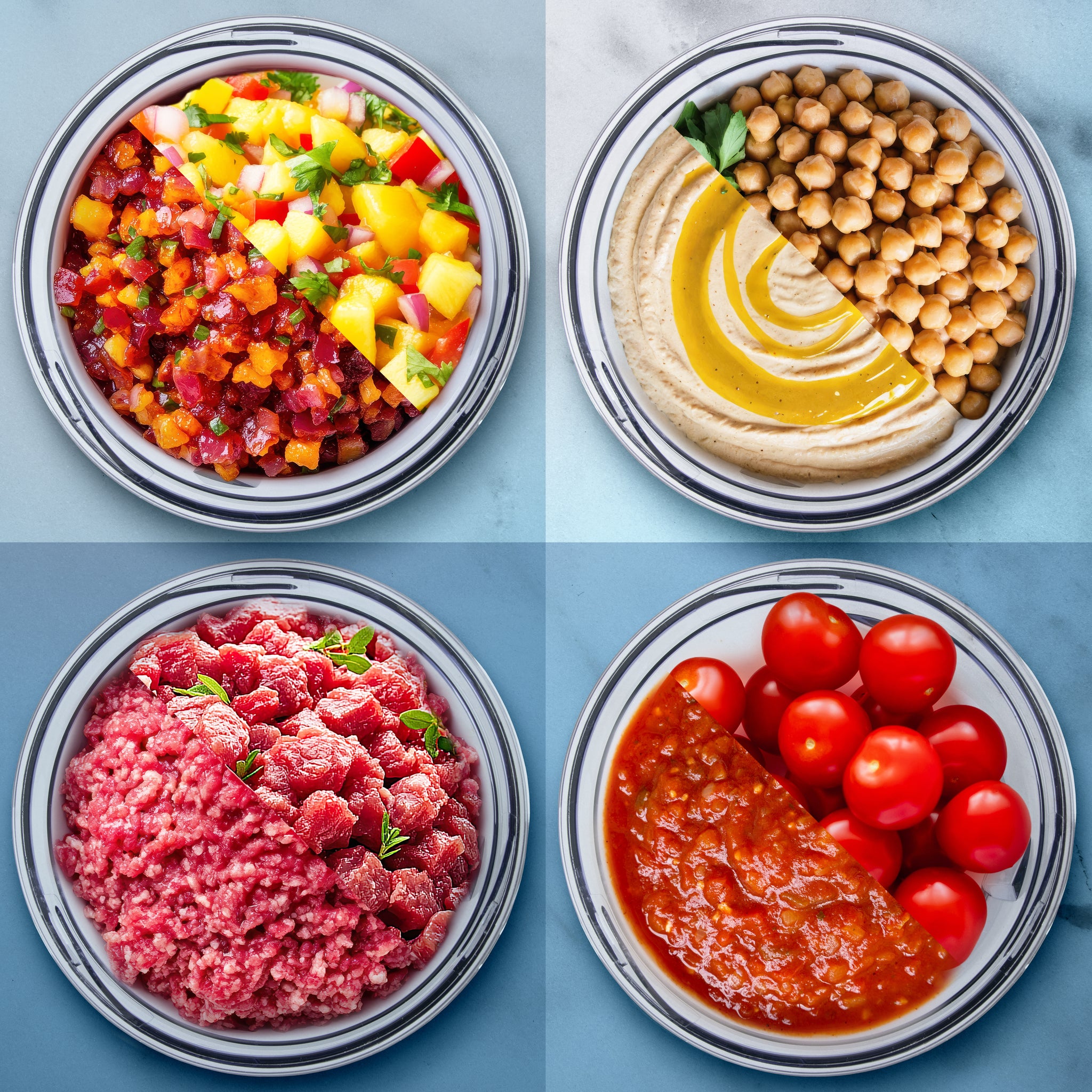 Duronic CH57 WE Elektryczny siekacz szatkownica mini rozdrabniacz przykładowe mielone składniki: salsa, mięso mielone, sos pomidorowy, ciecierzyca na hummus