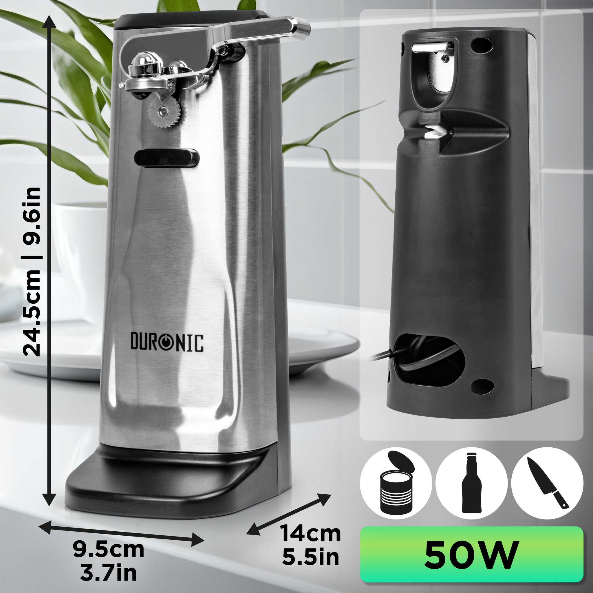 Duronic CO60 Elektryczny otwieracz do puszek 3 w 1, otwieracz do butelek i ostrzałka do noży, moc 50W, wymiary