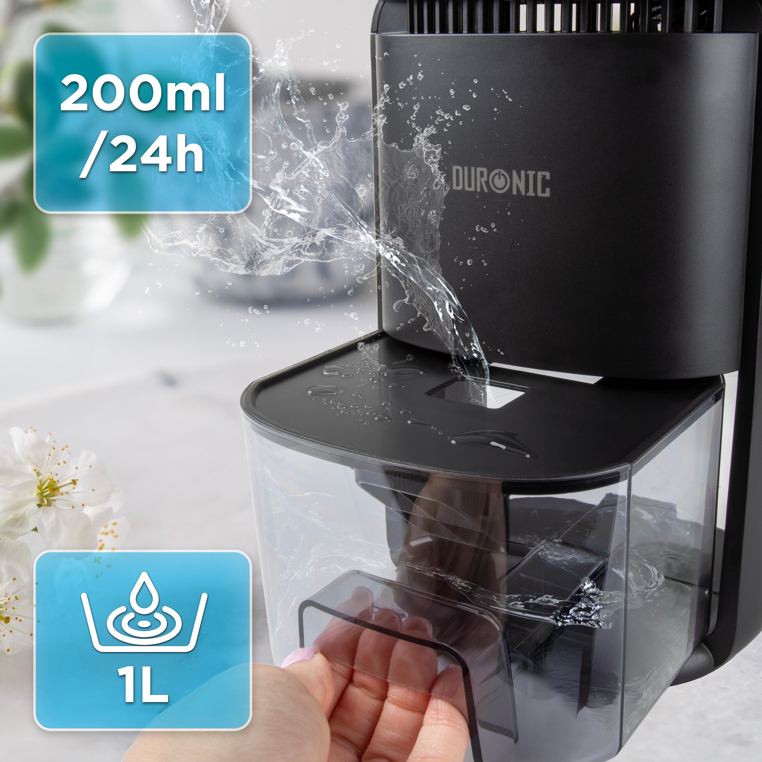 Duronic DH07 BK Osuszacz powietrza kondensacyjny do domu wydajność 200 ml / 24 godz, pojemnik 1l