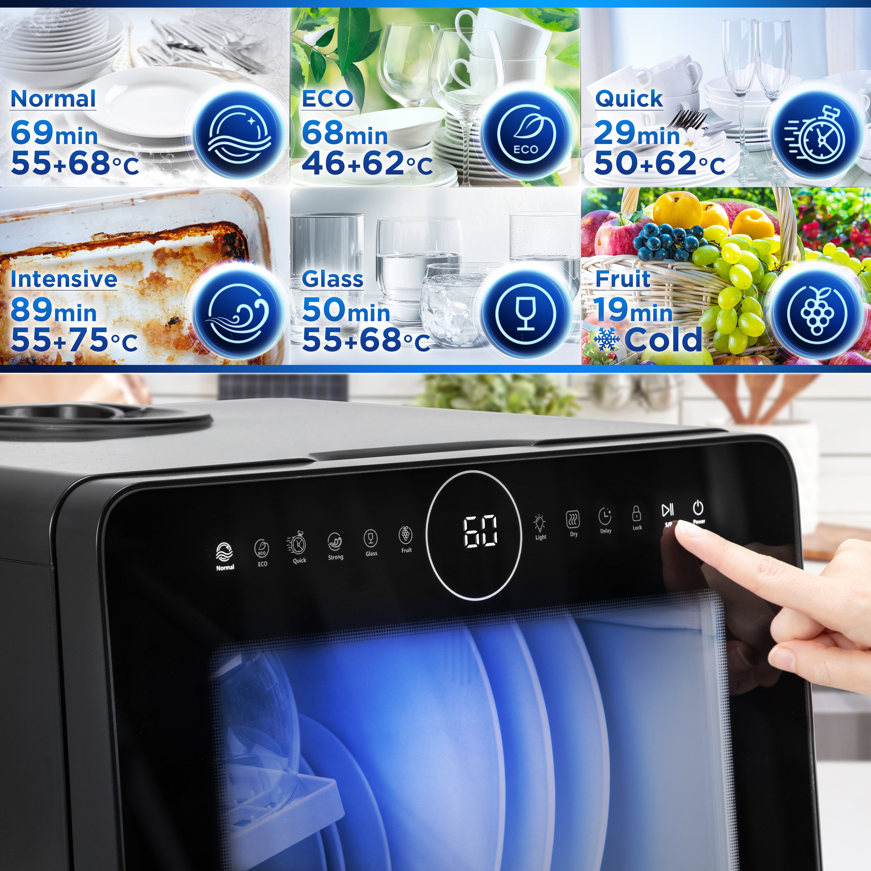 Duronic DW5 BK czarna zmywarka wolnostojąca programy mycia: normalny, eco, szybki, intensywny, do szkła, do owoców różne temperatury mycia i funkcja suszenia