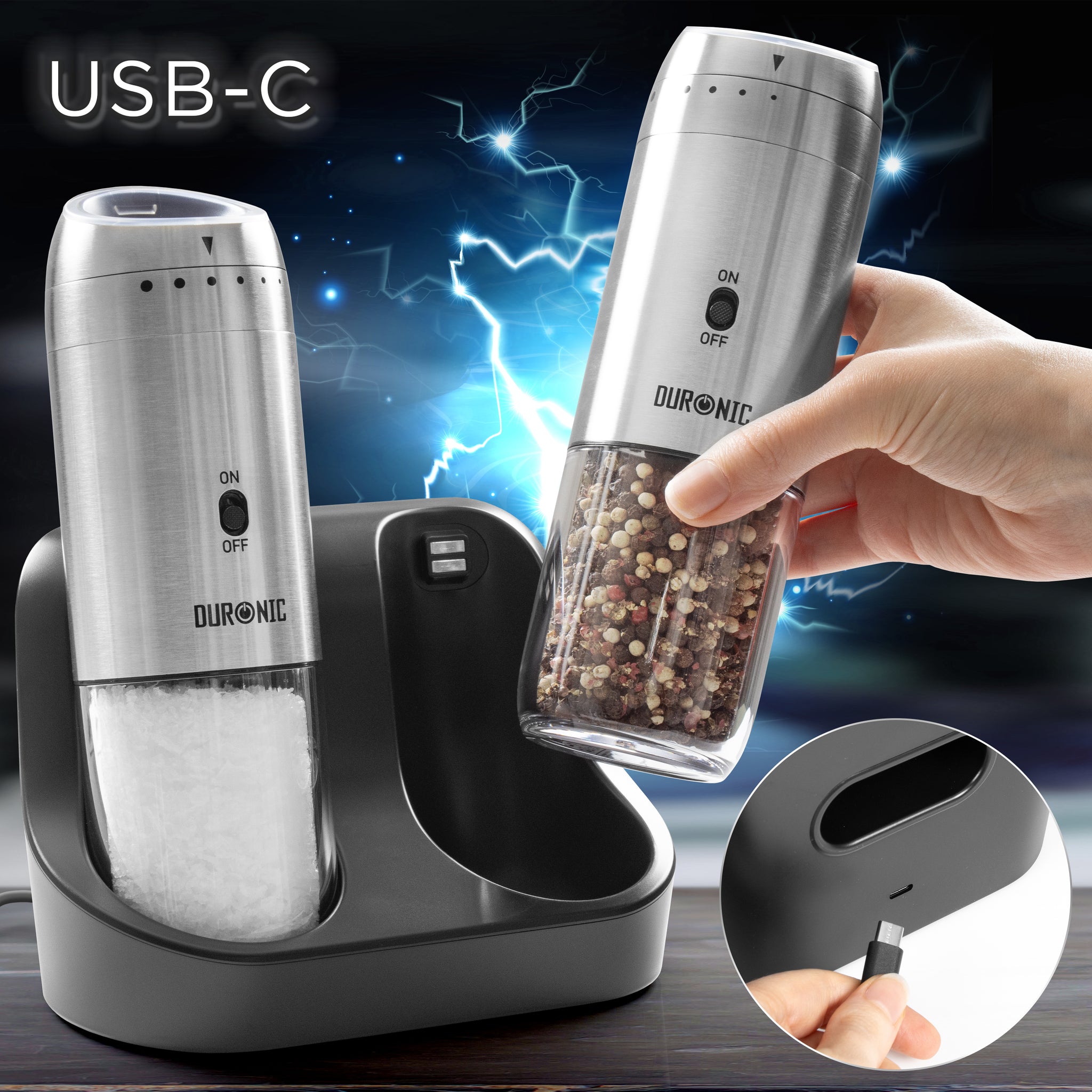 Duronic EMU3 Automatyczne młynki elektryczne stacja ładowania z przewodem USB-C
