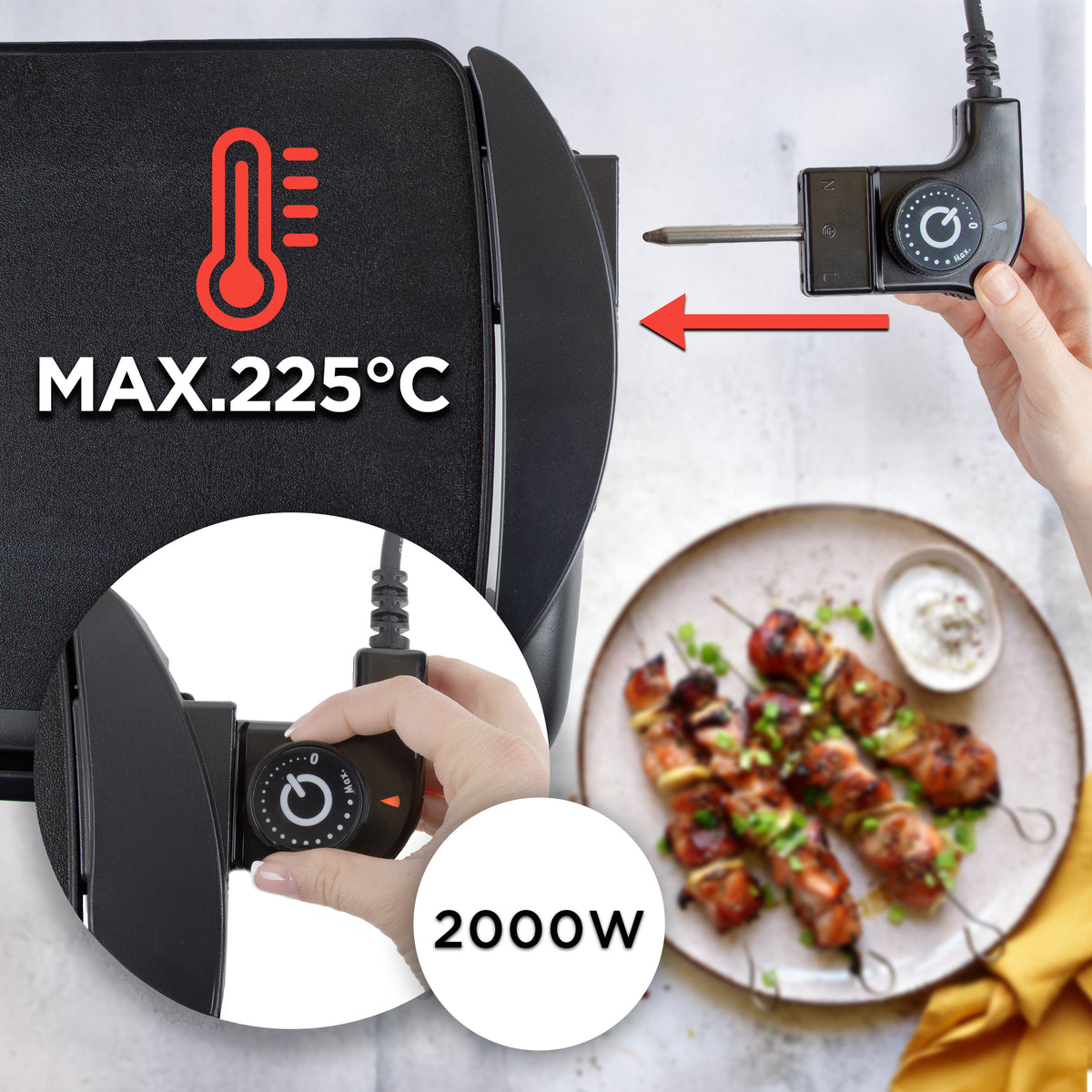 Duronic GP20 Patelnia grillowa elektryczny grill teppanyaki wypinany termostat, maksymalna moc 2000W, pokrętło sterujące, maksymalna temperatura 225 stopni