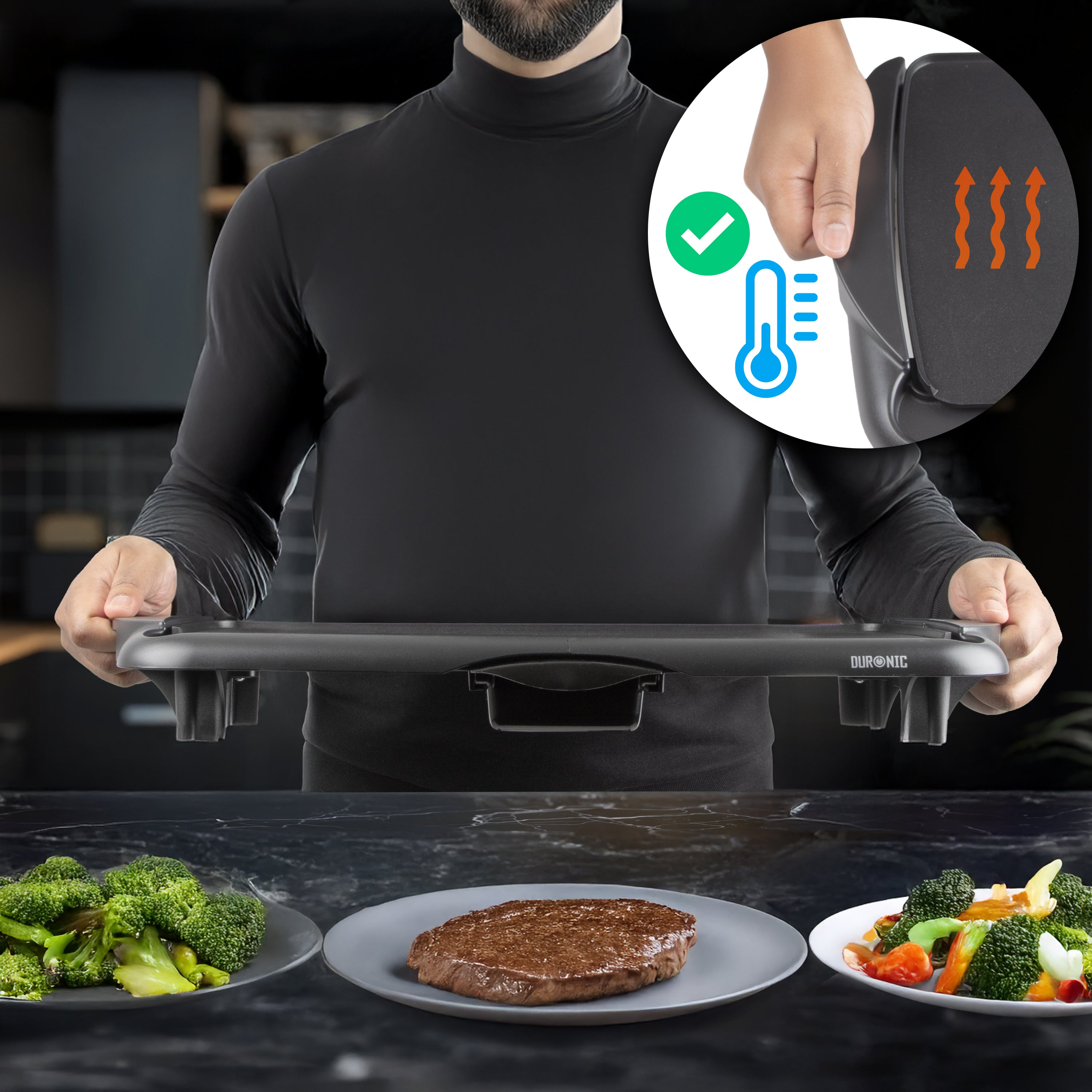 Duronic GP20 Patelnia grillowa elektryczny grill teppanyaki z termostatem nienagrzewające się uchwyty nawet gdy powierzchnia grzewcza jest gorąca, do robienia steków, grillowanych warzyw