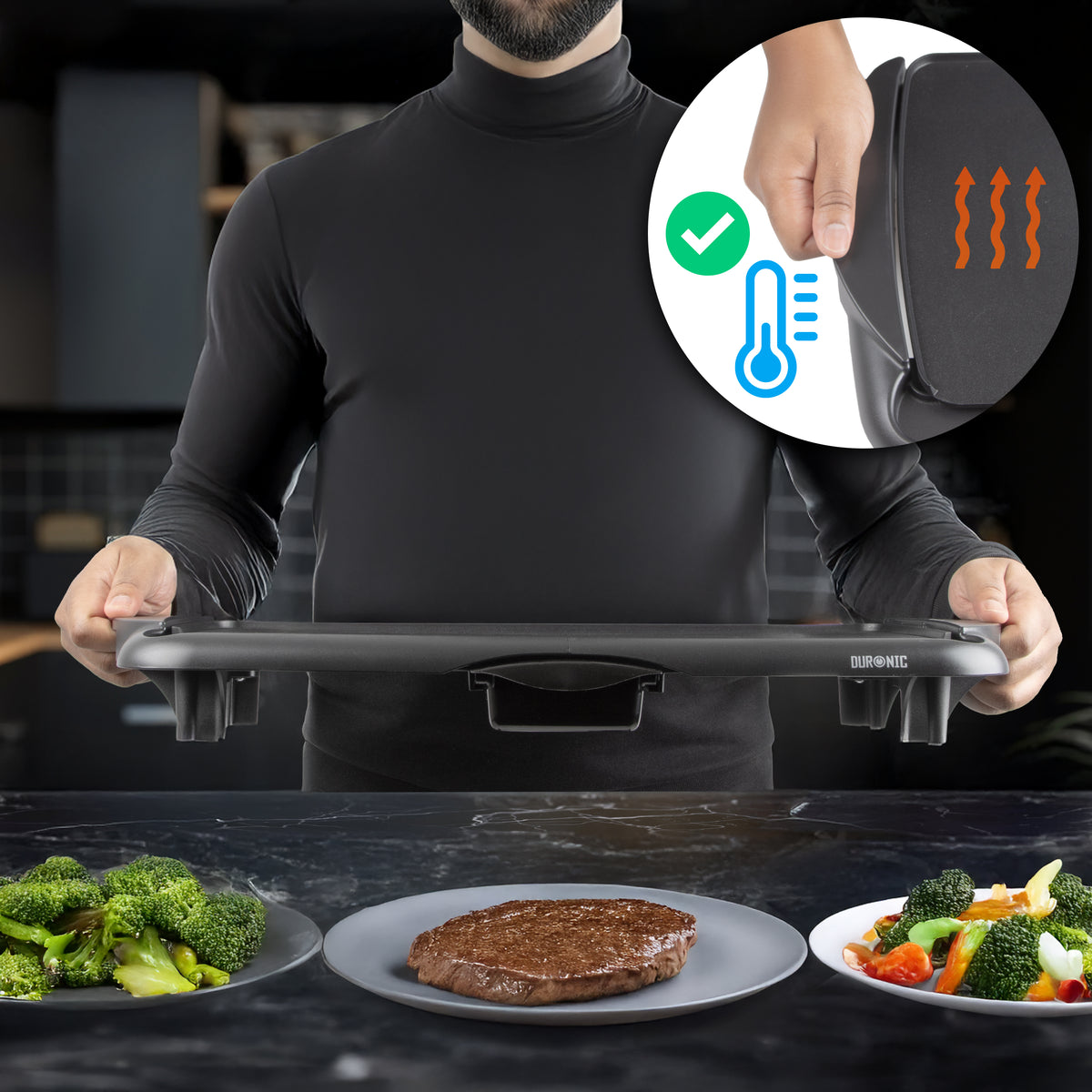 Duronic GP20 Patelnia grillowa elektryczny grill teppanyaki z termostatem nienagrzewające się uchwyty nawet gdy powierzchnia grzewcza jest gorąca, do robienia steków, grillowanych warzyw