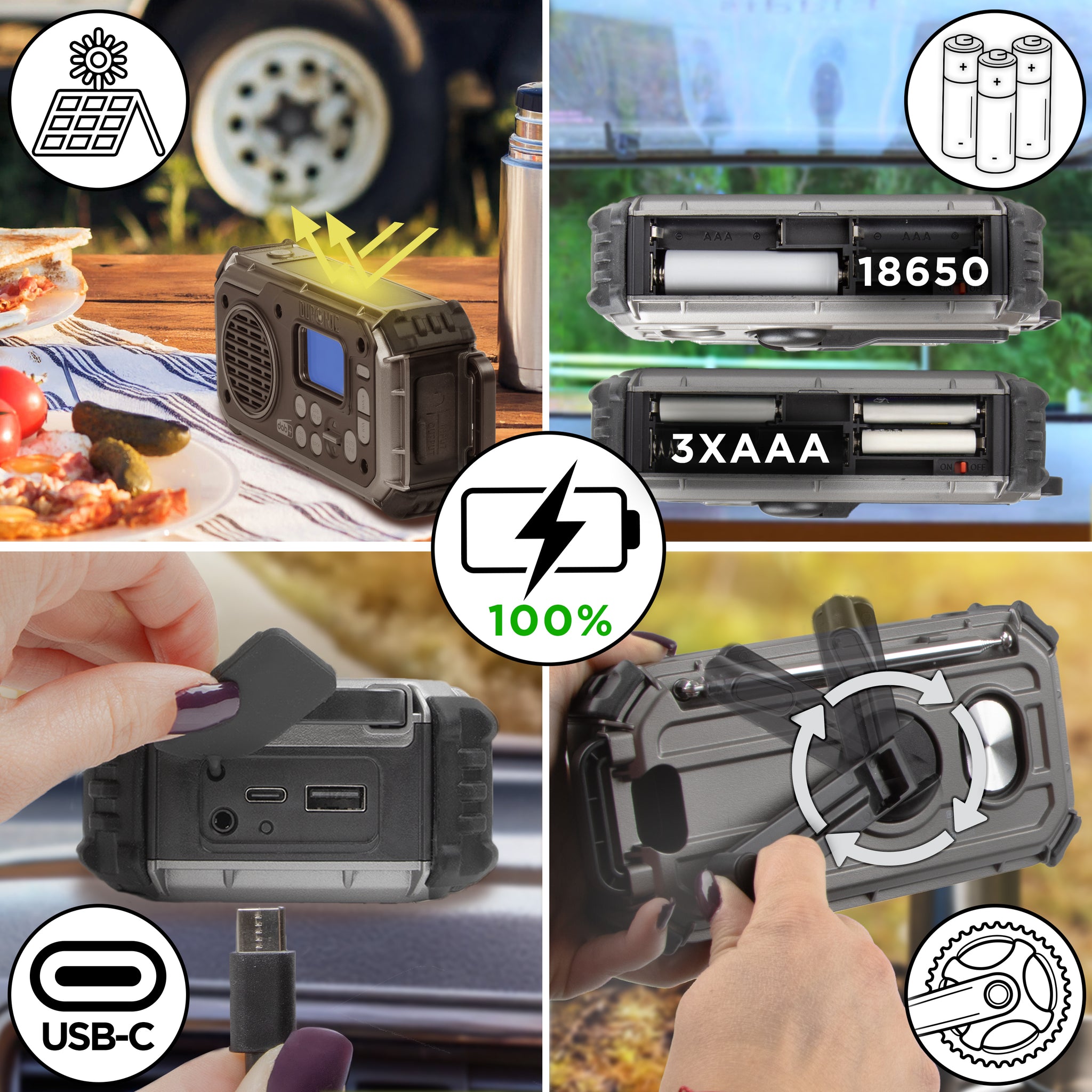 Duronic SDAB1 Radio solarne z dynamem USB A i C Radio awaryjne pogodowe do plecaka ewakuacyjnego