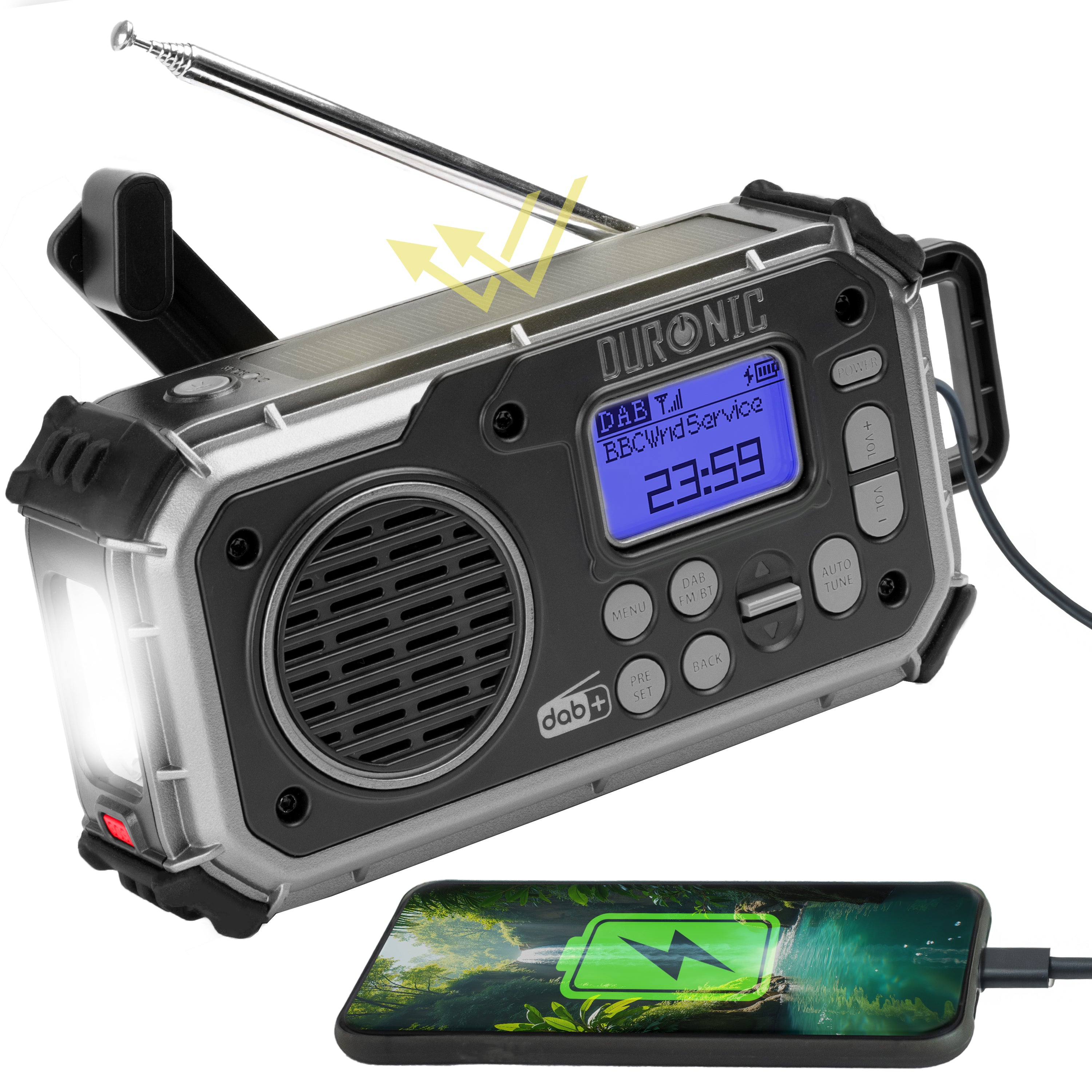 Duronic SDAB1 Radio solarne z dynamem USB A i C Radio awaryjne pogodowe do plecaka ewakuacyjnego