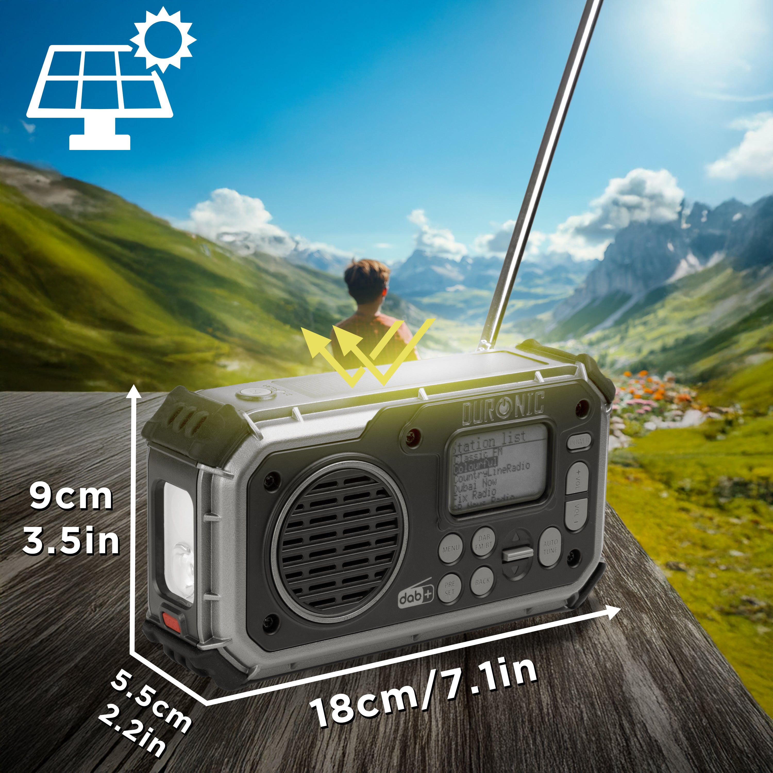 Duronic SDAB1 Radio solarne z dynamem USB A i C Radio awaryjne pogodowe do plecaka ewakuacyjnego