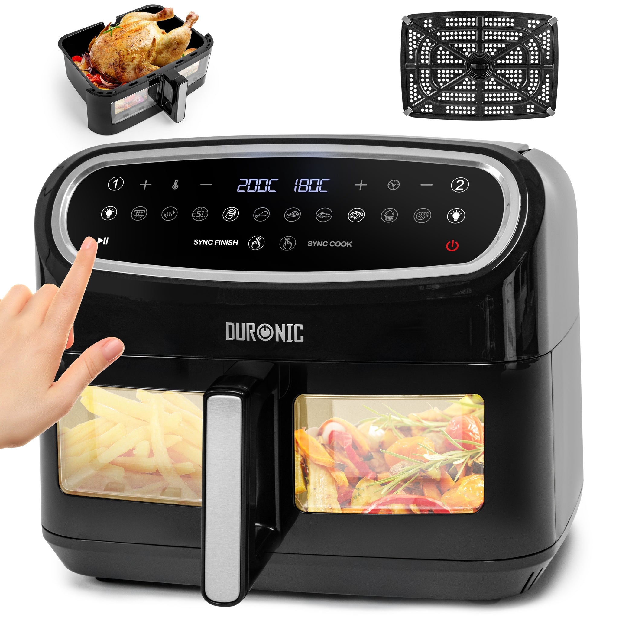 Duronic AF14 BK Airfryer XXL z dużą komora 10l frytkownica beztłuszczowa na gorące powietrze wielofunkcyjna podwójna