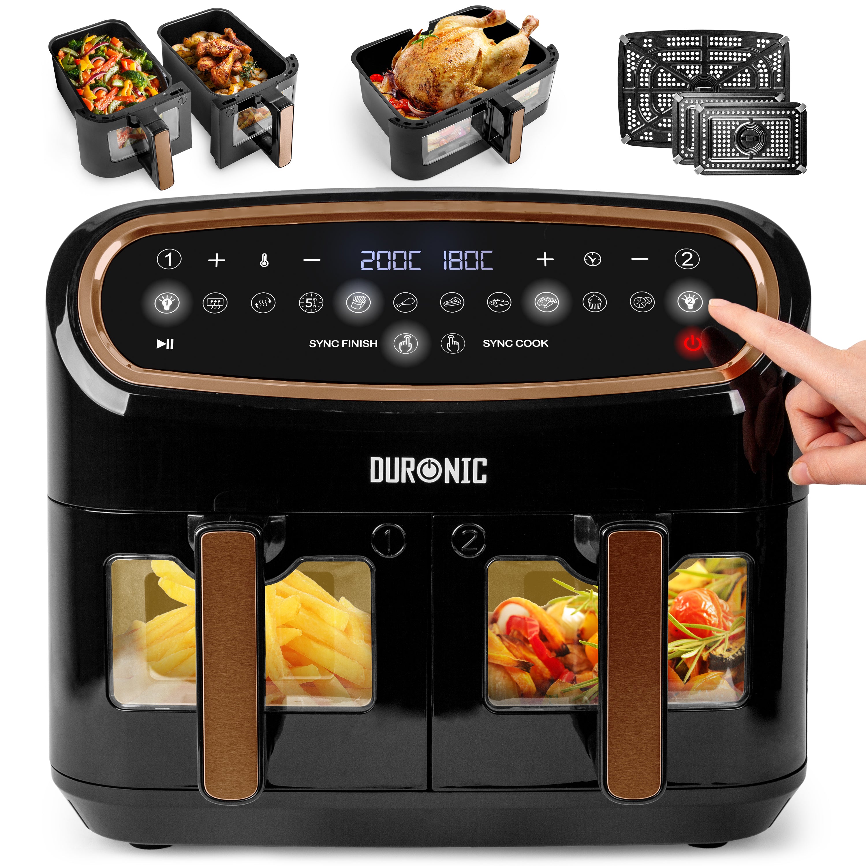 Duronic AF34 BG Air fryer XXL z AFD1 duża komora 10l i 2x po 4,5l | frytkownica beztłuszczowa dwukomorowa na gorące powietrze wielofunkcyjna podwójna