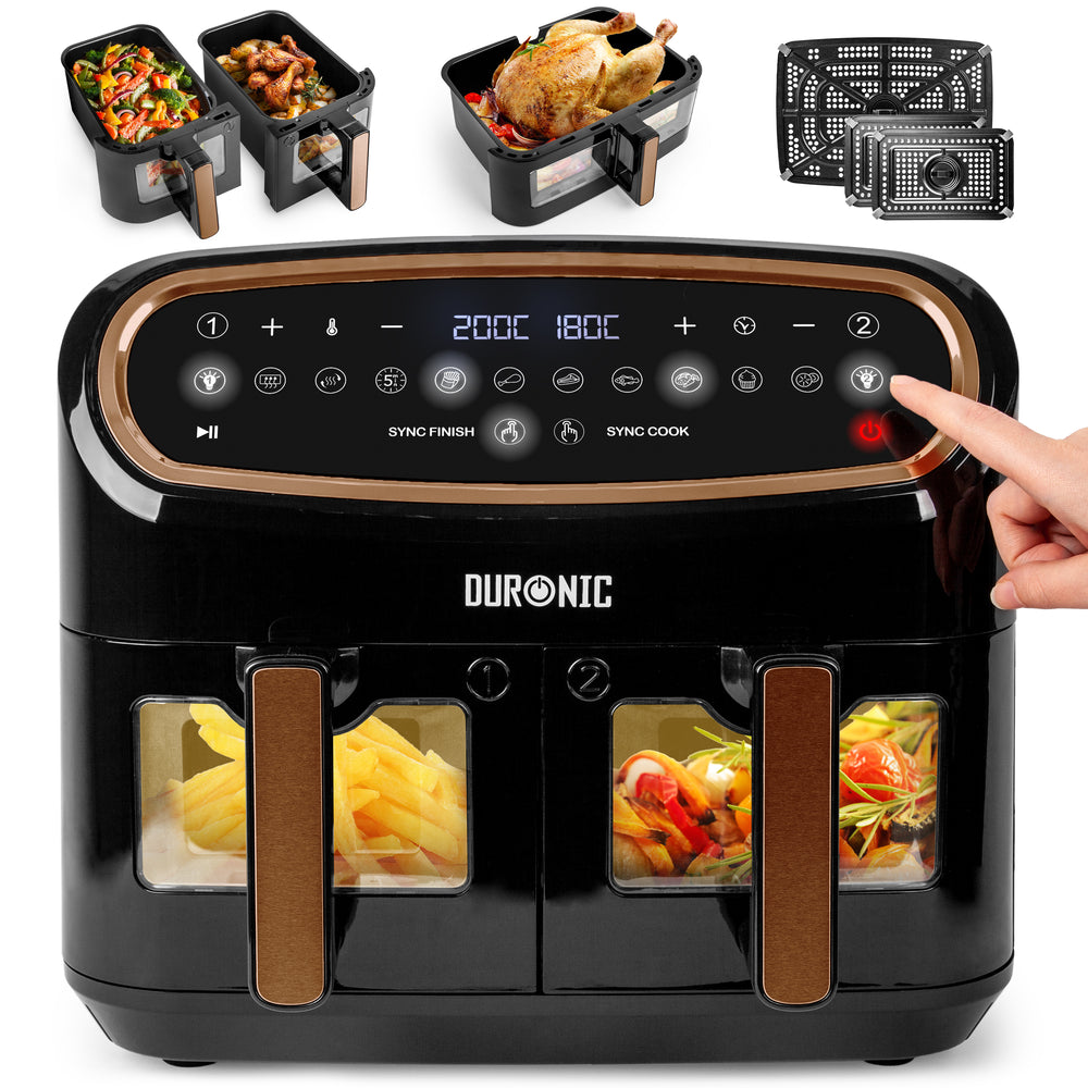 Duronic AF34 BG Air fryer XXL z AFD1 duża komora 10l i 2x po 4,5l | frytkownica beztłuszczowa dwukomorowa na gorące powietrze wielofunkcyjna podwójna