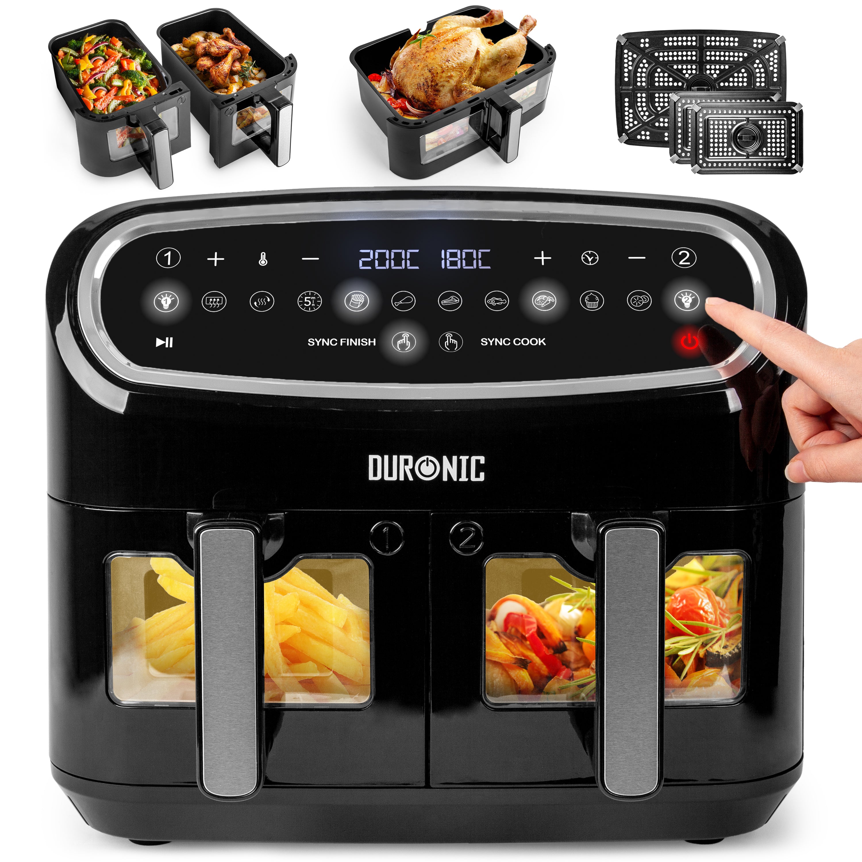 Duronic AF34 BK Airfryer XXL zestaw z AFD1 10l i dwie komory po 4,5l  | frytkownica beztłuszczowa podwójna | na gorące powietrze piekarnik | temperatura 50-200 stopni