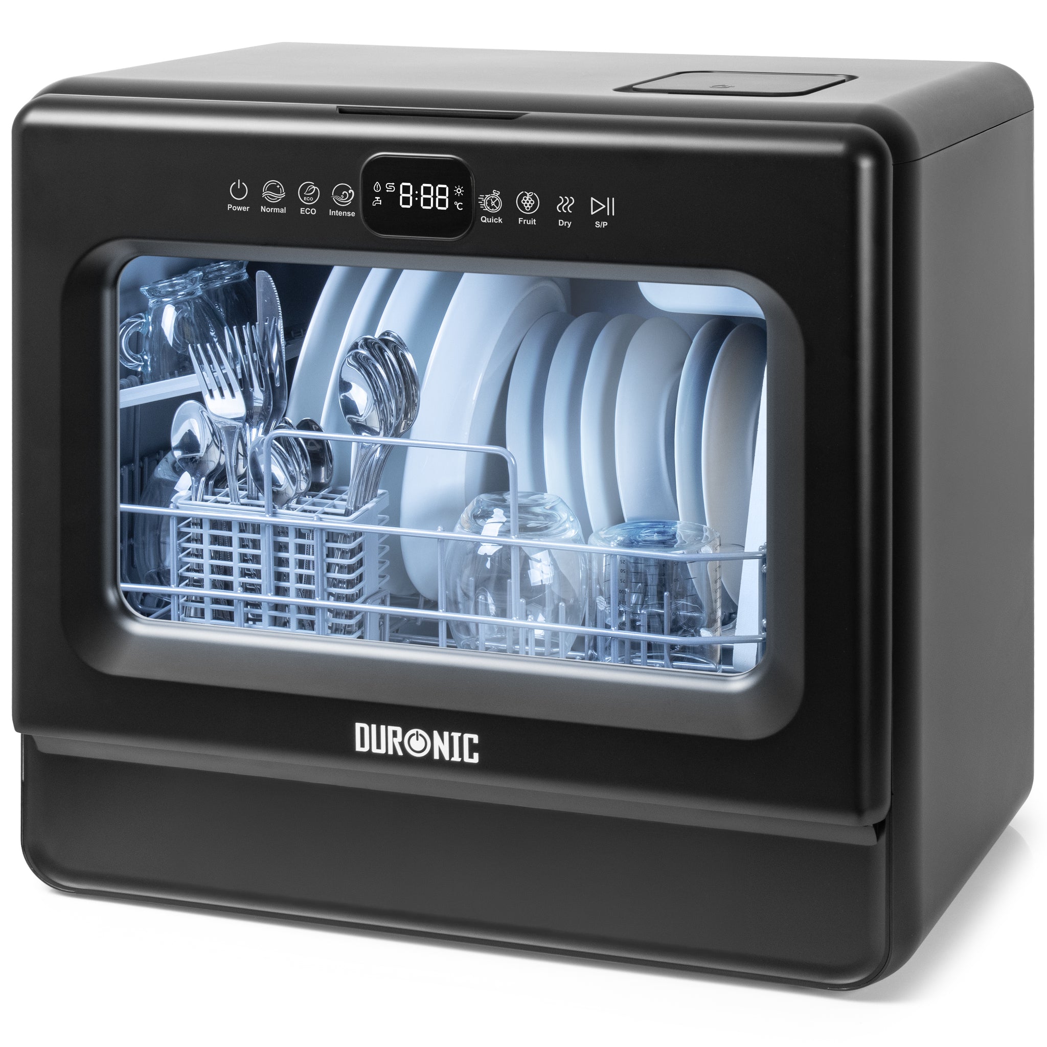 Duronic DW10 BK Zmywarka nablatowa bez przyłącza do wody przenośna kompaktowa stołowa możliwy stały podłącz czarna 1050W