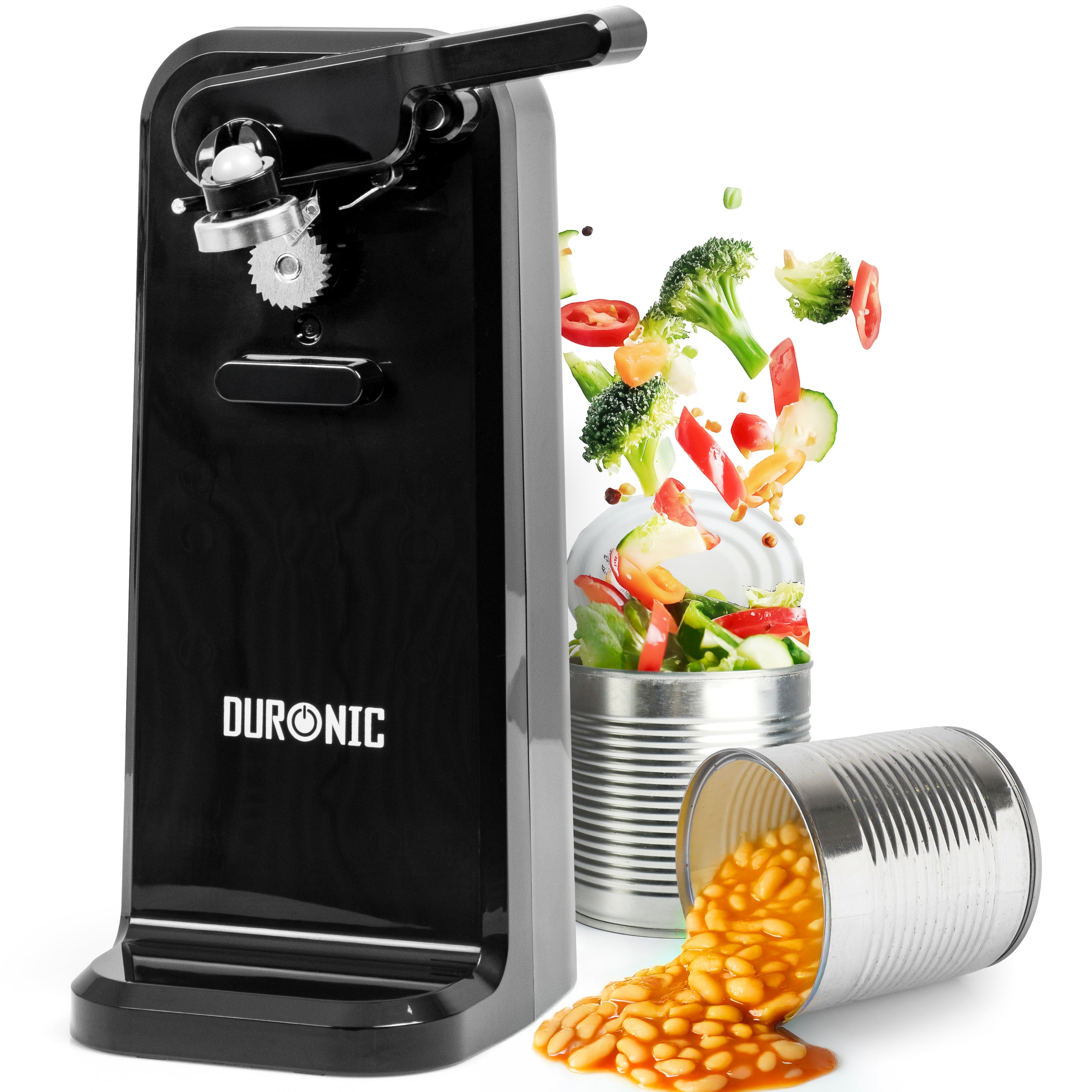 Duronic CO40 BK Elektryczny otwieracz do butelek puszek konserw ostrzałka do noży kuchennych. Automatyczny otwieracz 3w1 z magnesem 50W