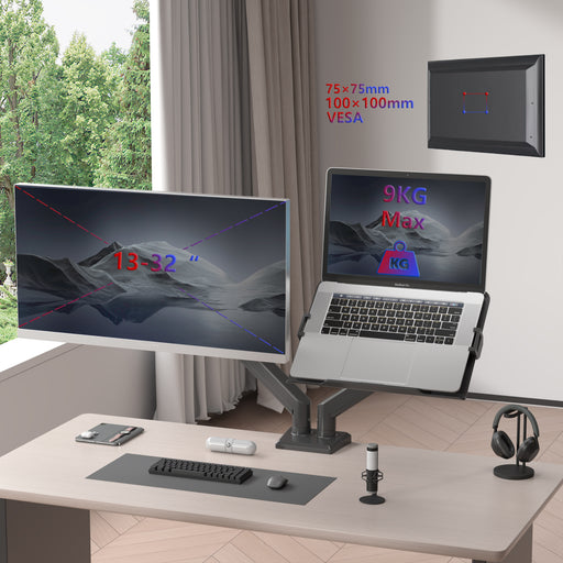 Duronic DM6AL1 ramię do monitora 13–32 cali z uchwytem na laptopa nośność 9 kg regulacja 360° sprężyna gazowa montaż biurkowy stojak obrotowy