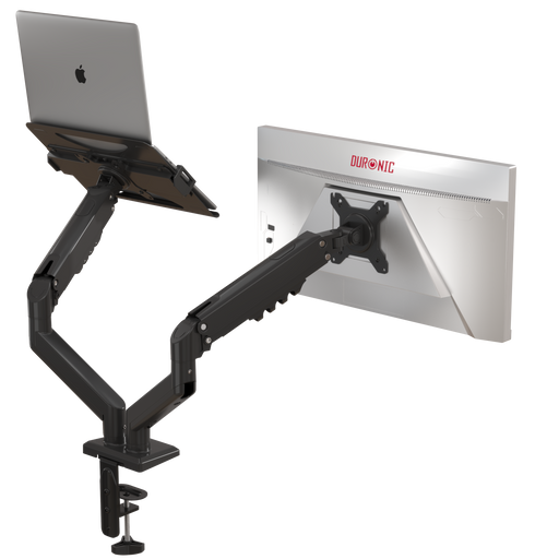 Duronic DM6AL1 ramię do monitora 13–32 cali z uchwytem na laptopa nośność 9 kg regulacja 360° sprężyna gazowa montaż biurkowy stojak obrotowy