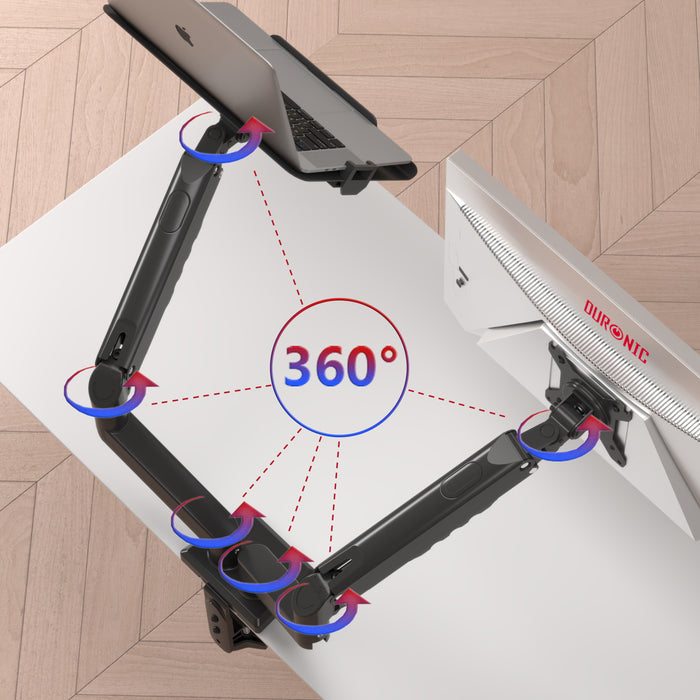 Duronic DM6AL1 ramię do monitora 13–32 cali z uchwytem na laptopa nośność 9 kg regulacja 360° sprężyna gazowa montaż biurkowy stojak obrotowy