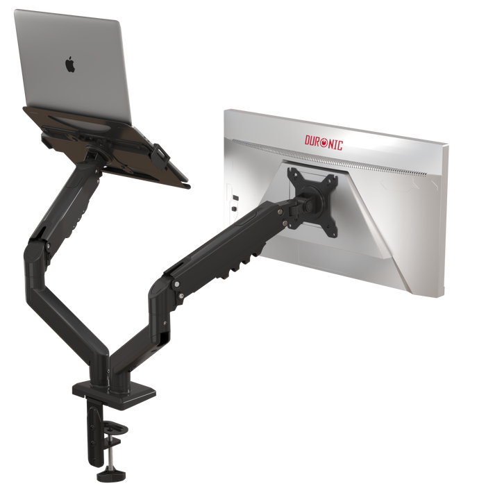 Duronic DM6AL1 ramię do monitora 13–32 cali z uchwytem na laptopa nośność 9 kg regulacja 360° sprężyna gazowa montaż biurkowy stojak obrotowy