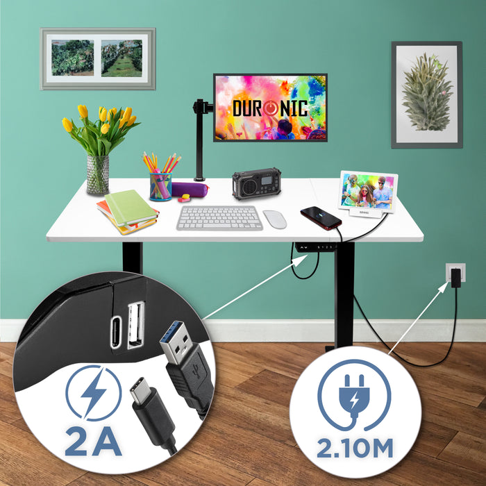 Duronic CD120 BW Biurko elektryczne z regulacją wysokości stojące pamięć 3 wysokości port USB czarny stelaż biały blat 120 x 60 cm