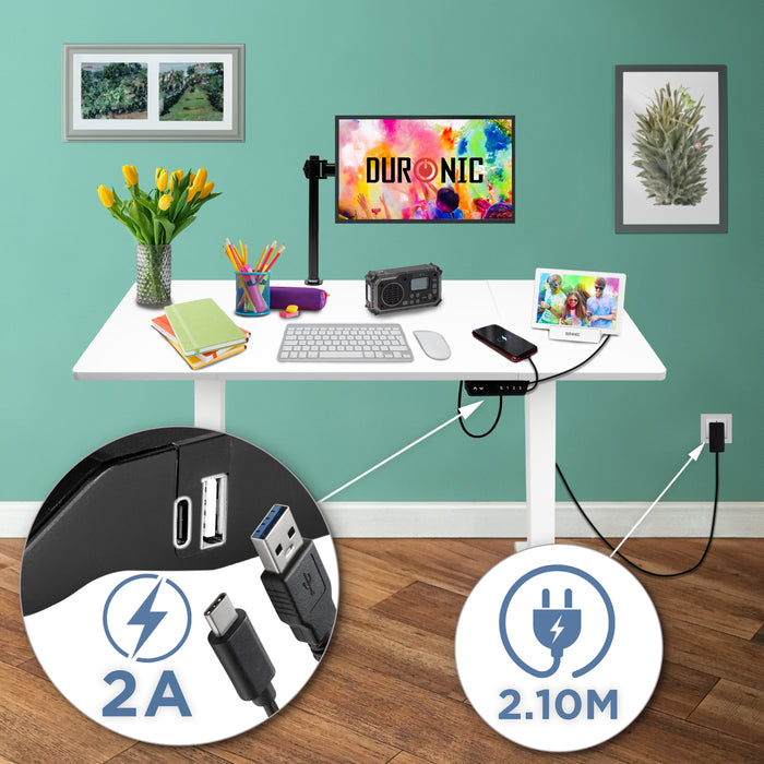 Duronic CD120 WE Biurko elektryczne z regulacją wysokości stojące pamięć 3 wysokości port USB biały stelaż i biały blat 120 x 60 cm