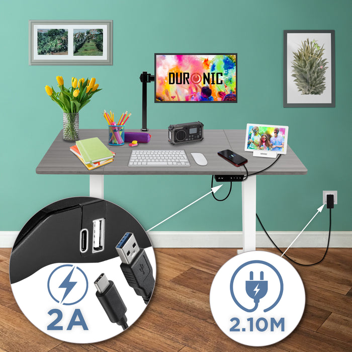 Duronic CD120 WG Biurko elektryczne z regulacją wysokości stojące pamięć 3 wysokości port USB biały stelaż i szary blat 120 x 60 cm