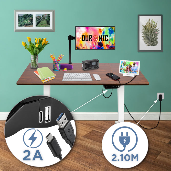 Duronic CD120 WT Biurko elektryczne z regulacją wysokości stojące pamięć 3 wysokości port USB biały stelaż i blat 120 x 60 cm kolor: orzech