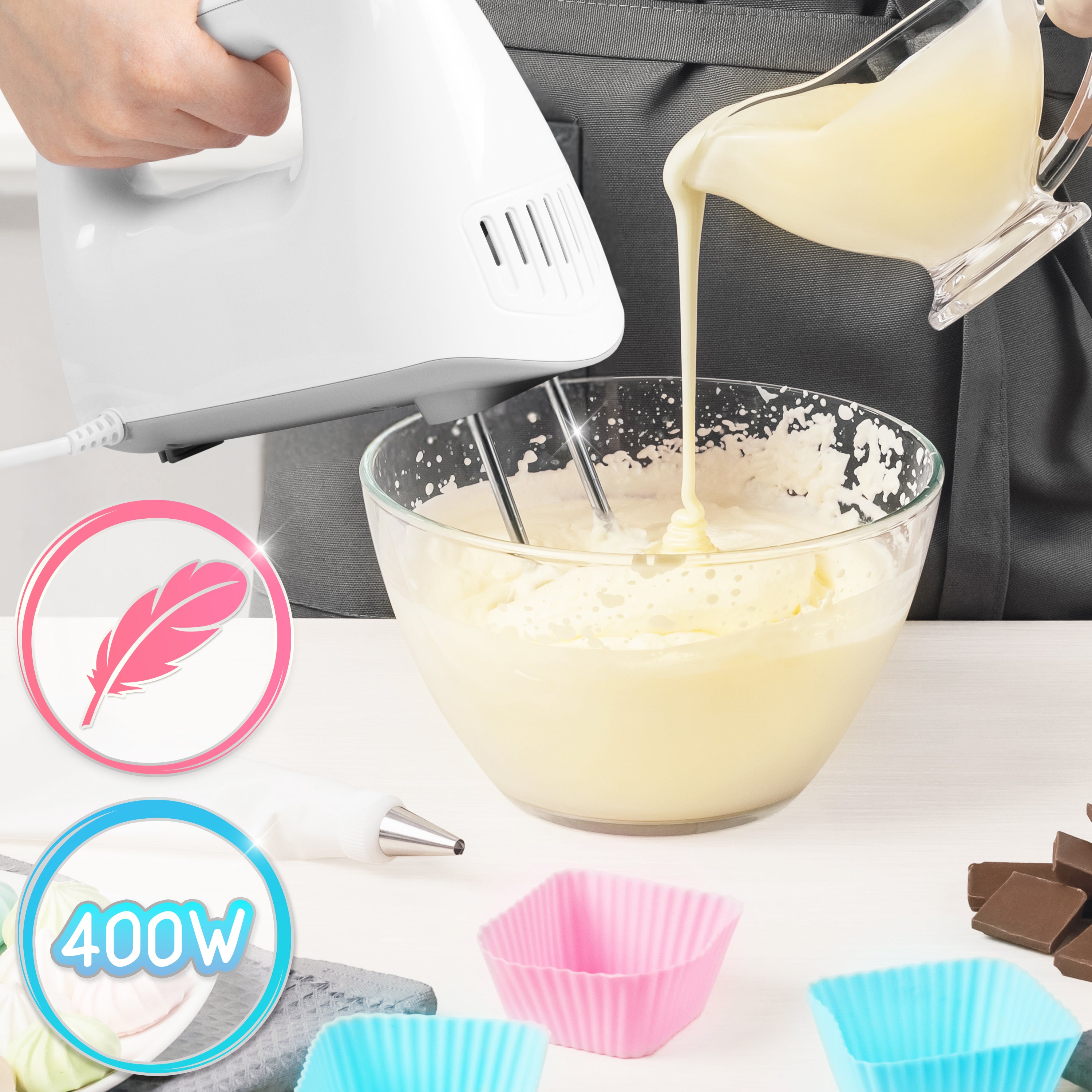 Duronic HM4 WE Mikser ręczny z koszem na wiertła robot kuchenny łatwy w przechowywaniu |  z funkcją turbo | 400 W