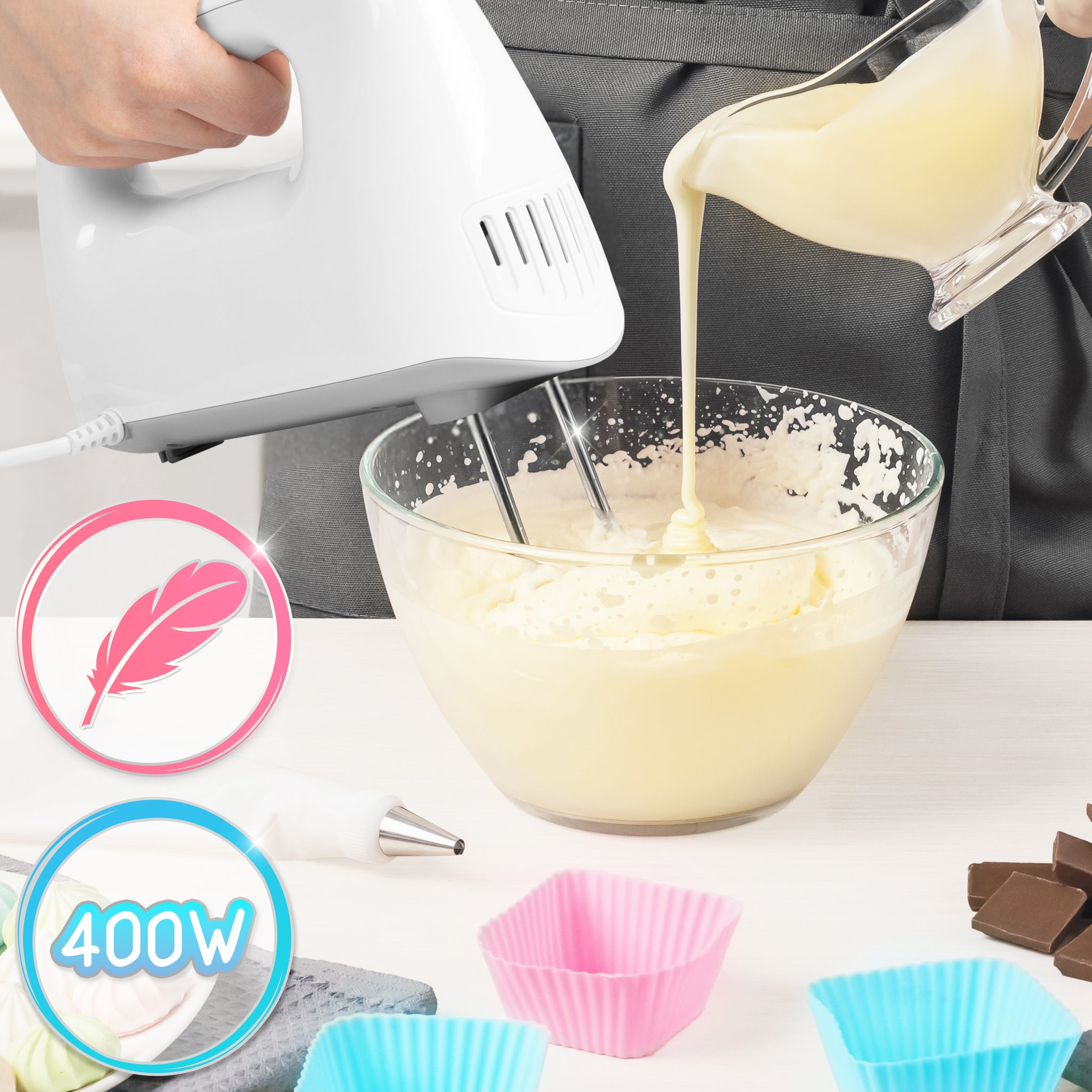 Duronic HM4 WE Mikser ręczny z koszem na wiertła robot kuchenny łatwy w przechowywaniu |  z funkcją turbo | 400 W