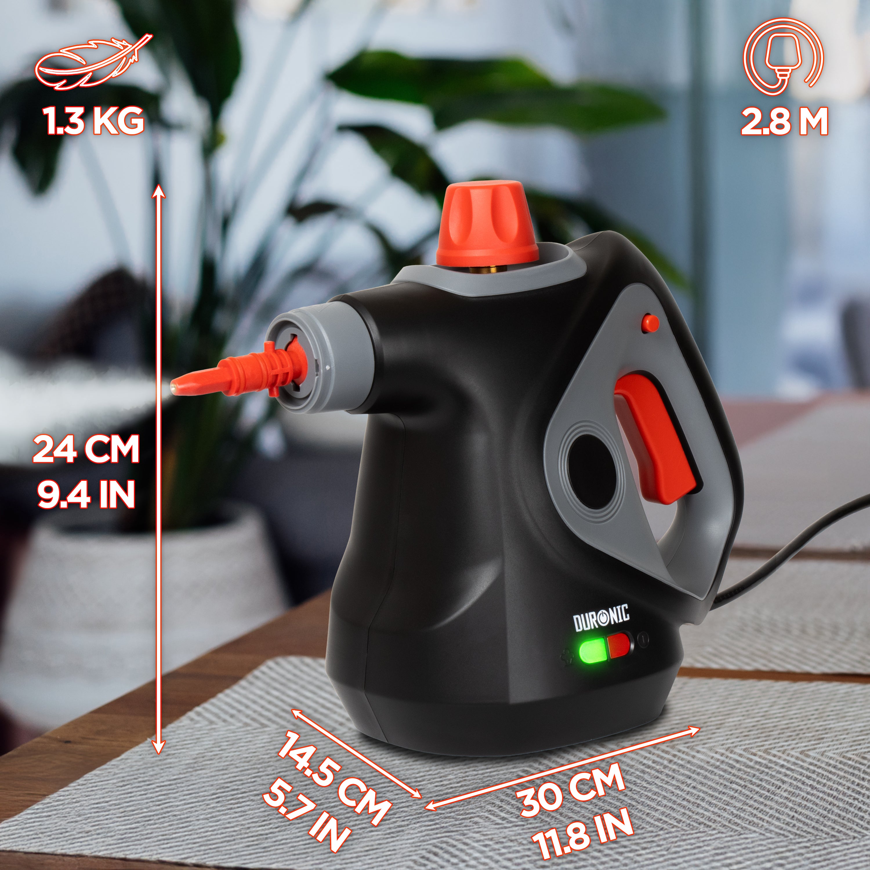 Duronic SC32 BK Myjka parowa ciśnieniowa do sprzątania do 350 ml ręczna wielofunkcyjna parownica do domu, okien, tapicerki, czarna, czyścik parowy