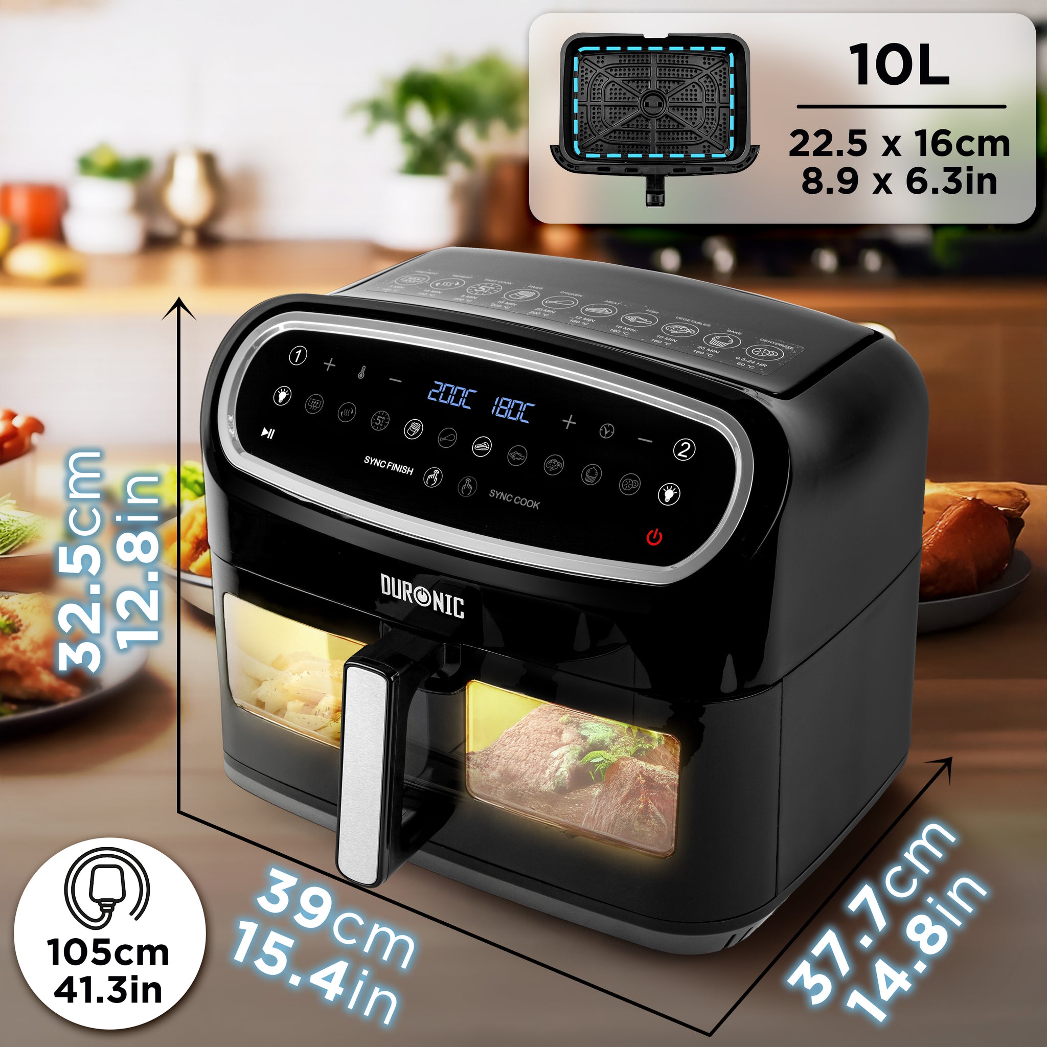 Duronic AF14 BK Airfryer XXL z dużą komora 10l frytkownica beztłuszczowa na gorące powietrze wielofunkcyjna podwójna