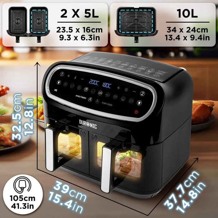 Duronic AF34 BK Airfryer XXL zestaw z AFD1 10l i dwie komory po 4,5l  | frytkownica beztłuszczowa podwójna | na gorące powietrze piekarnik | temperatura 50-200 stopni