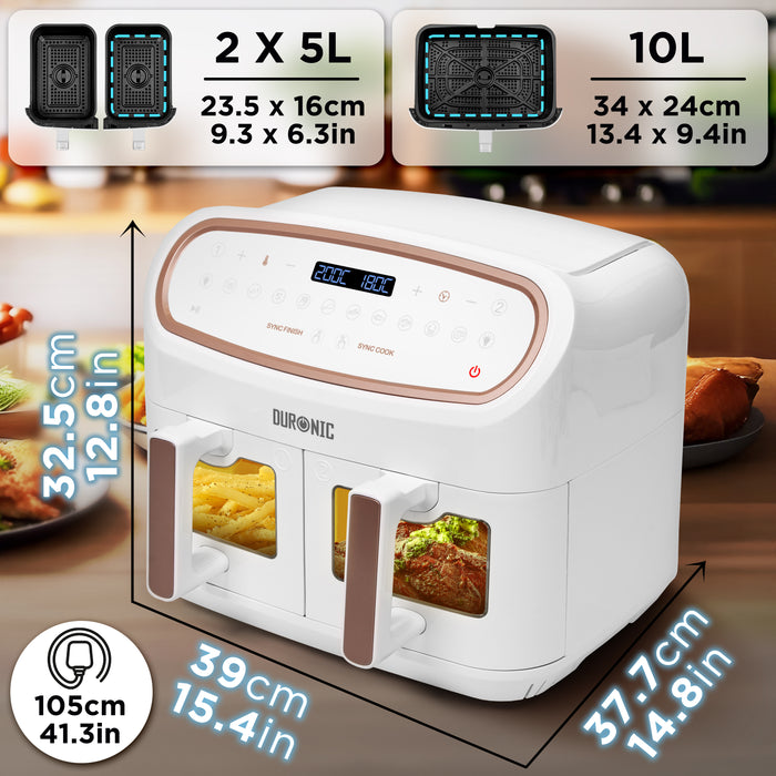 Duronic AF34 WE Air fryer XXL z AFD1 duża komora 10l i 2x po 5l | frytkownica beztłuszczowa dwukomorowa na gorące powietrze | wielofunkcyjna | biała