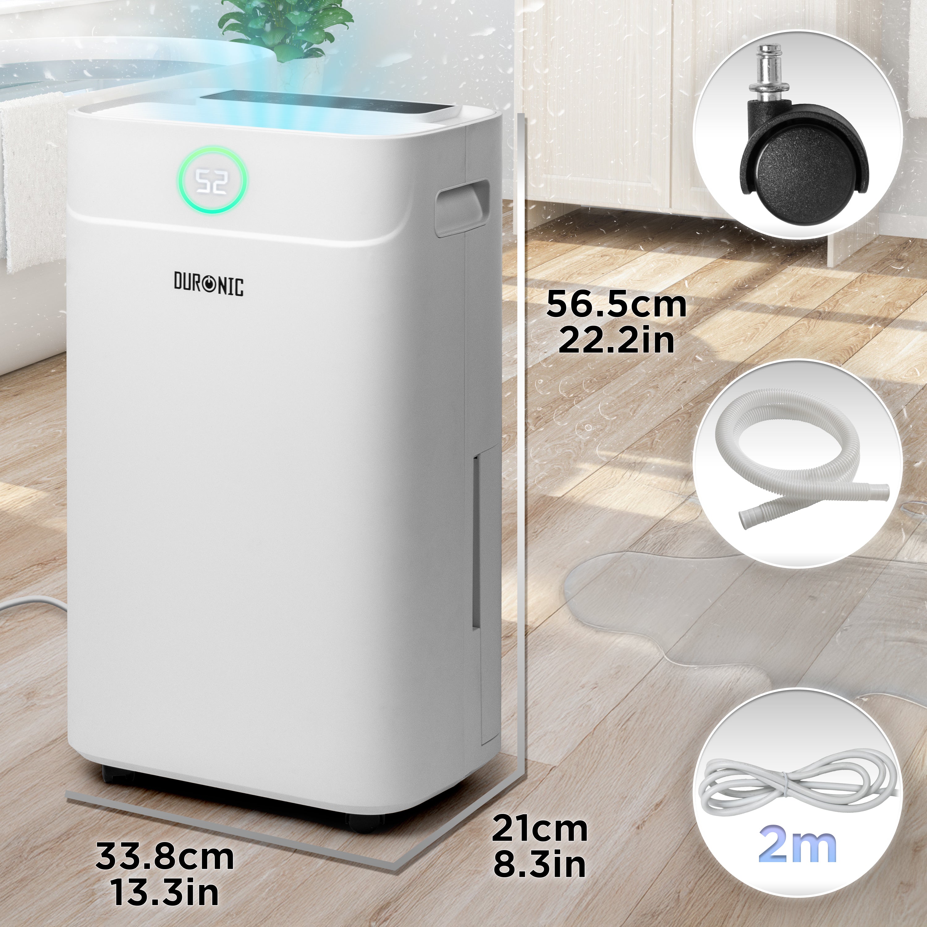 Duronic DH201 Osuszacz powietrza o mocy 440 W, do 20 litrów wody dziennie. Zbiornik na wodę o pojemności 5,1l. Pochłaniacz wilgoci zwalcza nadmierną wilgotność i zapobiega rozwojowi pleśni. Timer