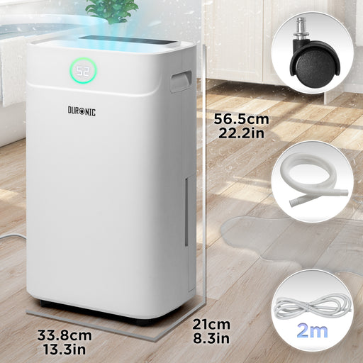 Duronic DH201 Osuszacz powietrza o mocy 440 W, do 20 litrów wody dziennie. Zbiornik na wodę o pojemności 5,1l. Pochłaniacz wilgoci zwalcza nadmierną wilgotność i zapobiega rozwojowi pleśni. Timer